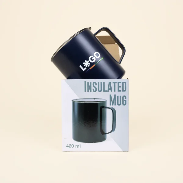 Vaso térmico con asa azul con logo blanco en caja cartón