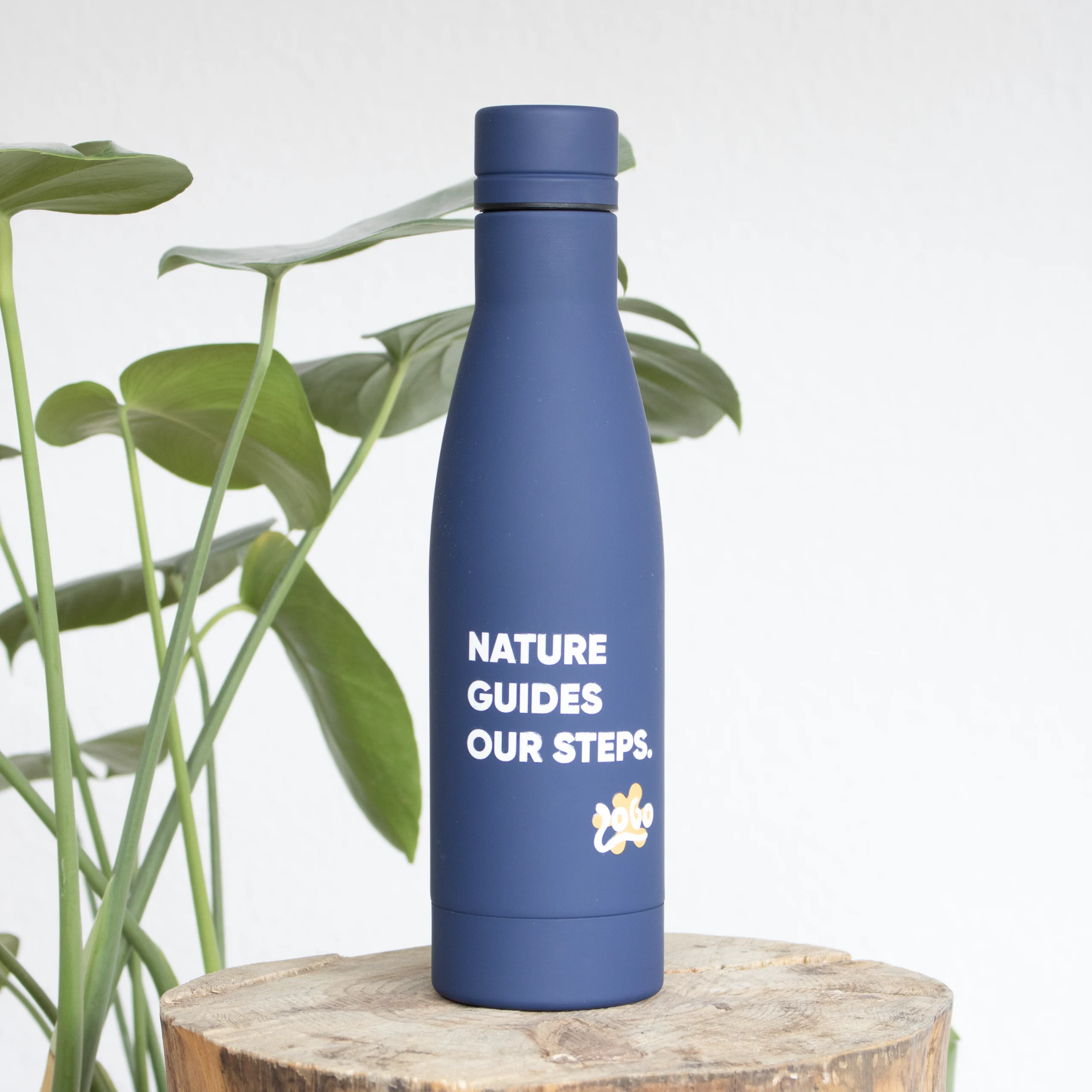 Botella de acero inoxidable BALANCE Azul Botella azul de acero inoxidable personalizada con logo blanco junto a una planta