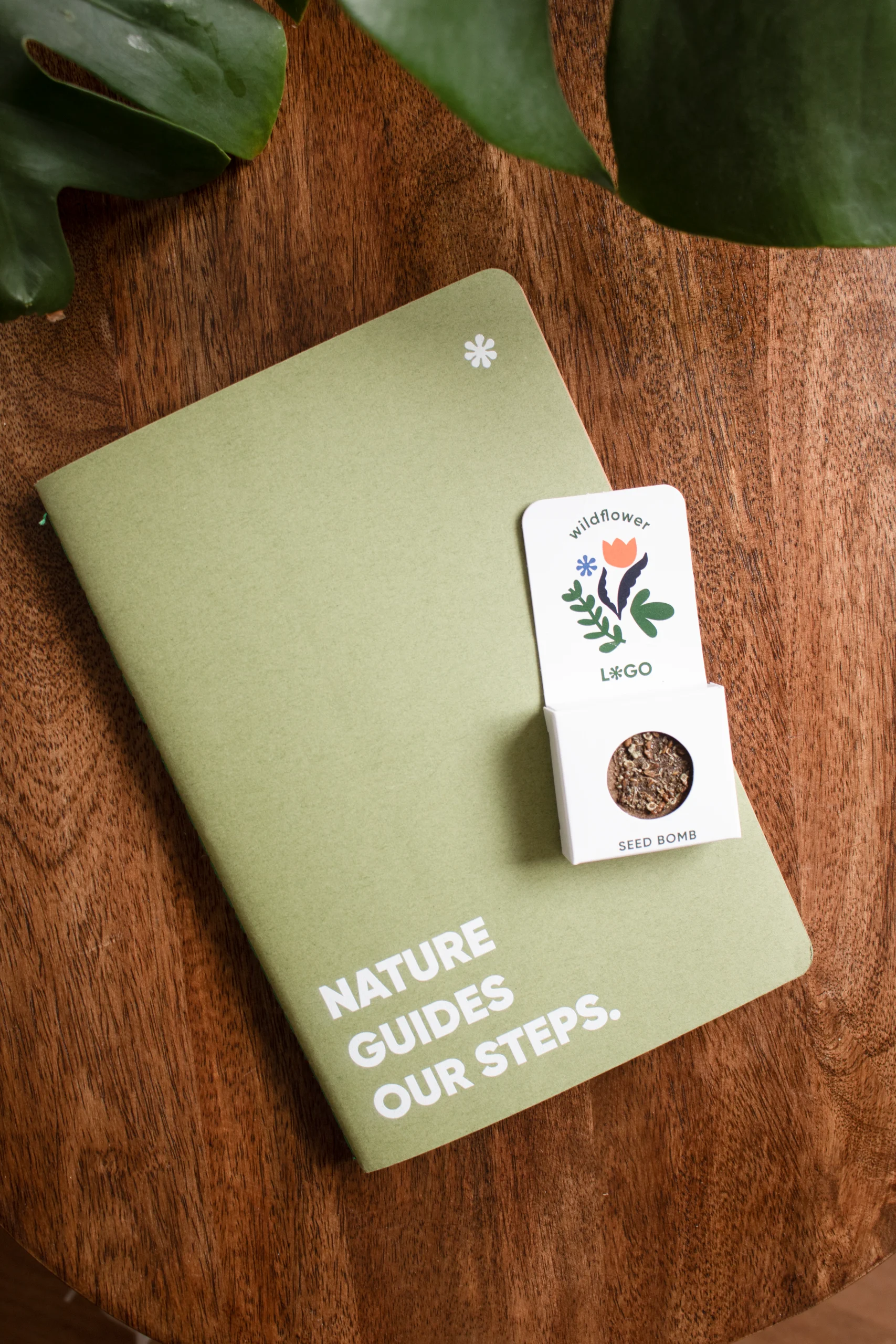 Table en bois avec cahier vert recyclé, plante et pompe à graines