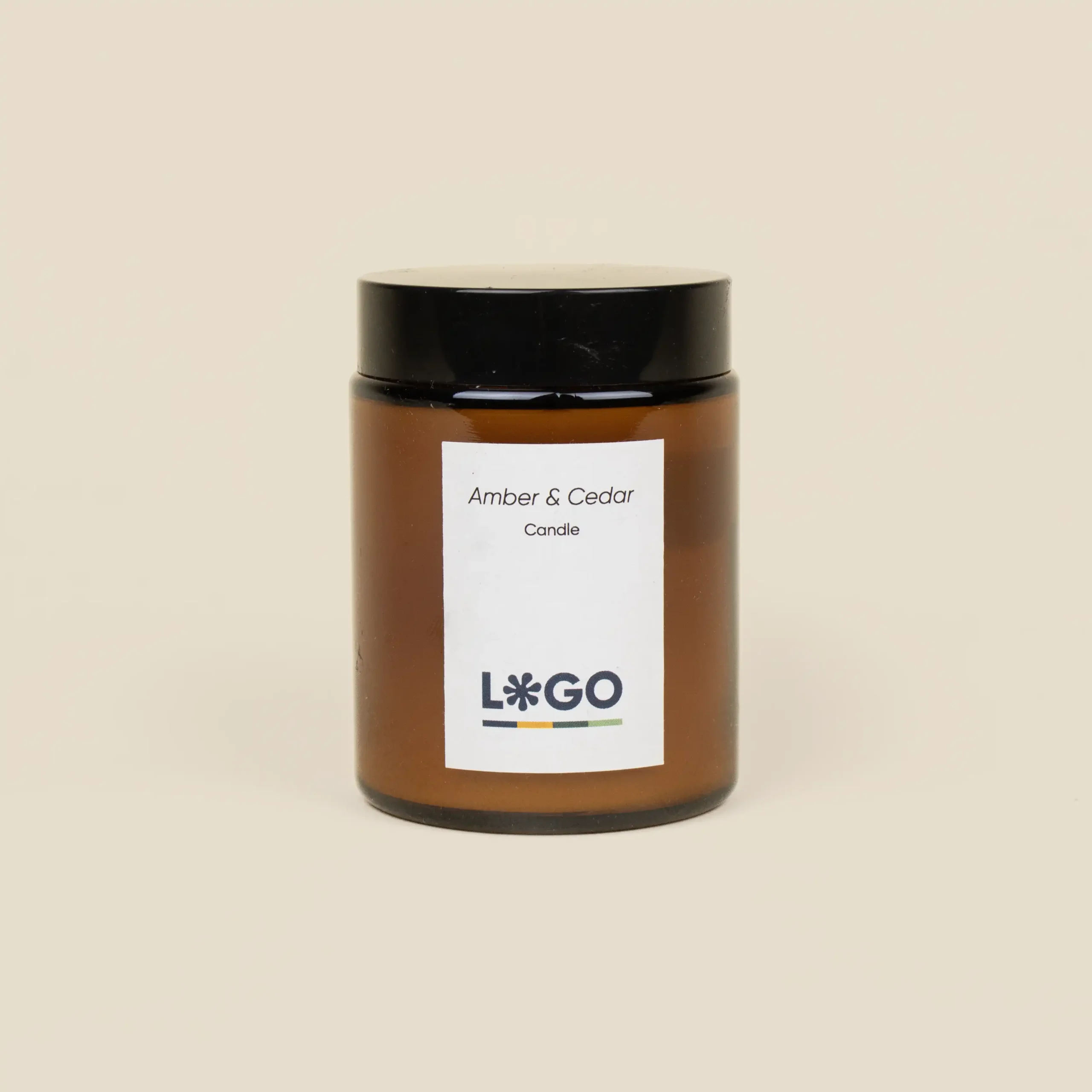 Vela ecológica de soja personalizable con pegatina blanca fondo beige
