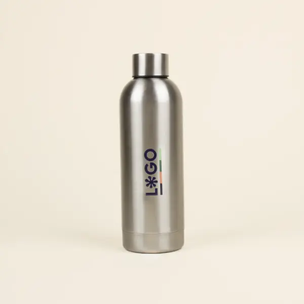 Botella acero inoxidable personalizada con logo frontal fondo beige