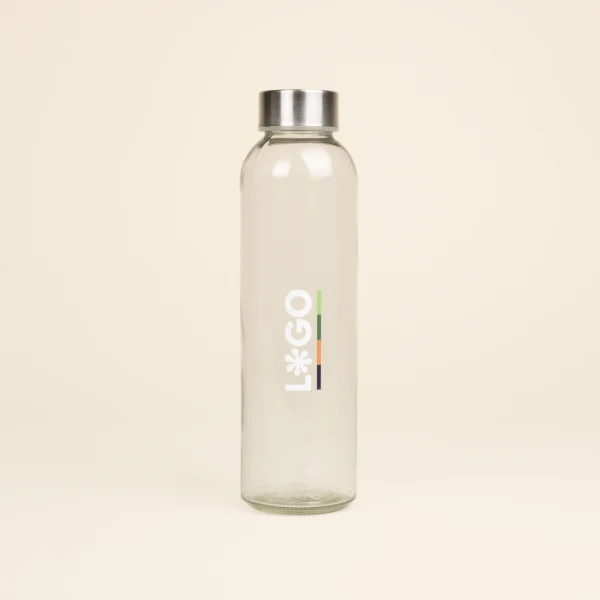 Botella de cristal personalizada logo frontal fondo beige