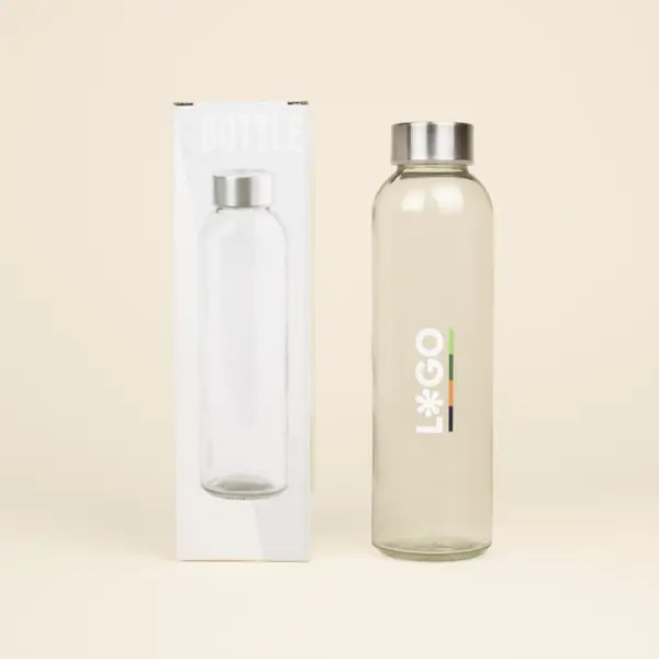 Botella de cristal personalizada con caja fondo beige