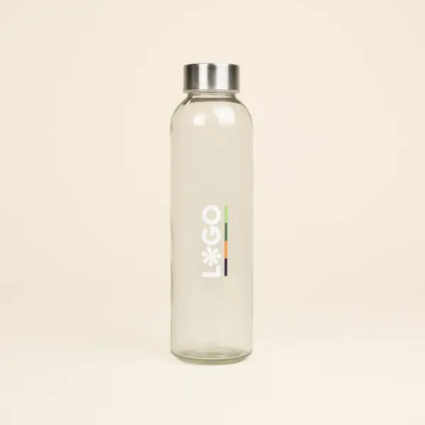 Botella de cristal personalizada logo frontal fondo beige