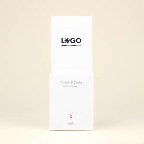Frontal caja blanca ambientador mikado personalizada fondo beige