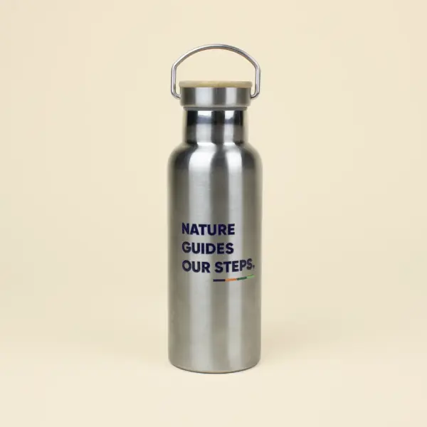 Botella térmica 500 ml personalizada texto azul fondo beige