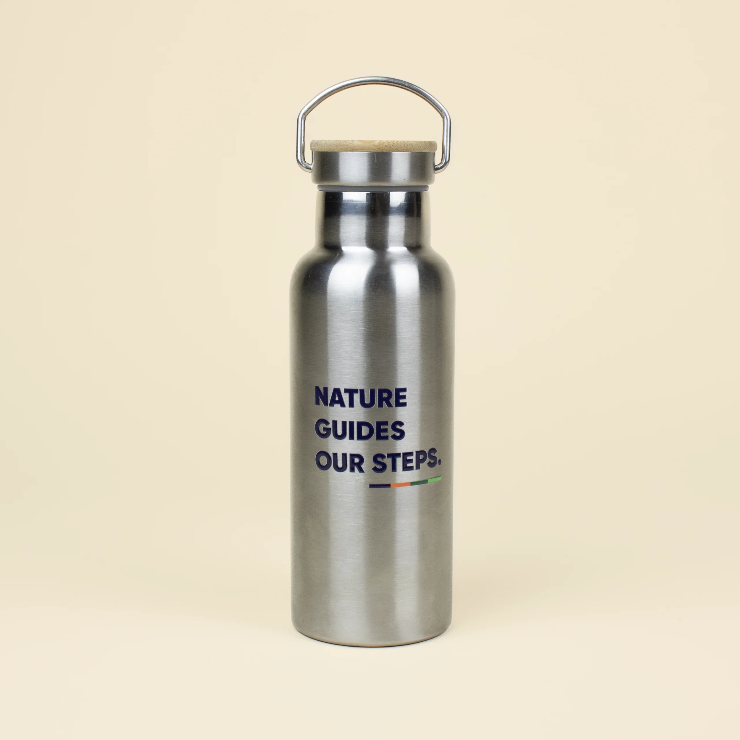 Botella térmica 500 ml personalizada texto azul fondo beige