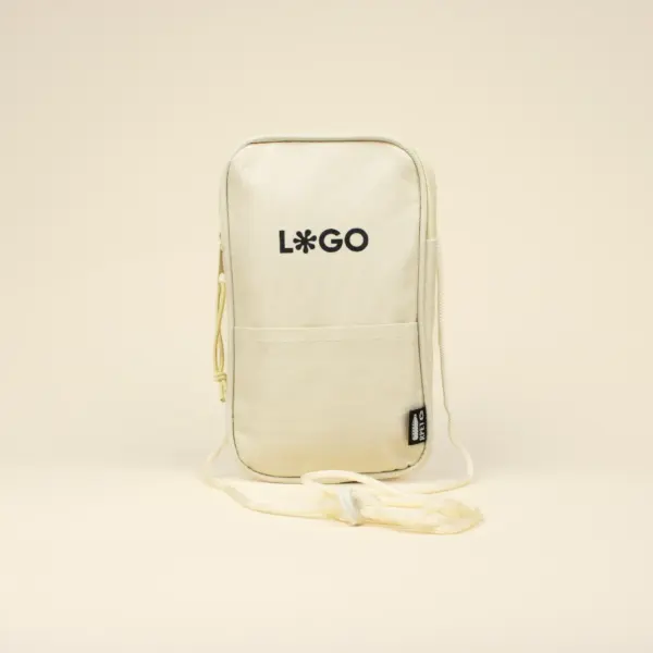 Riñonera portamóvil personalizada beige logo frontal