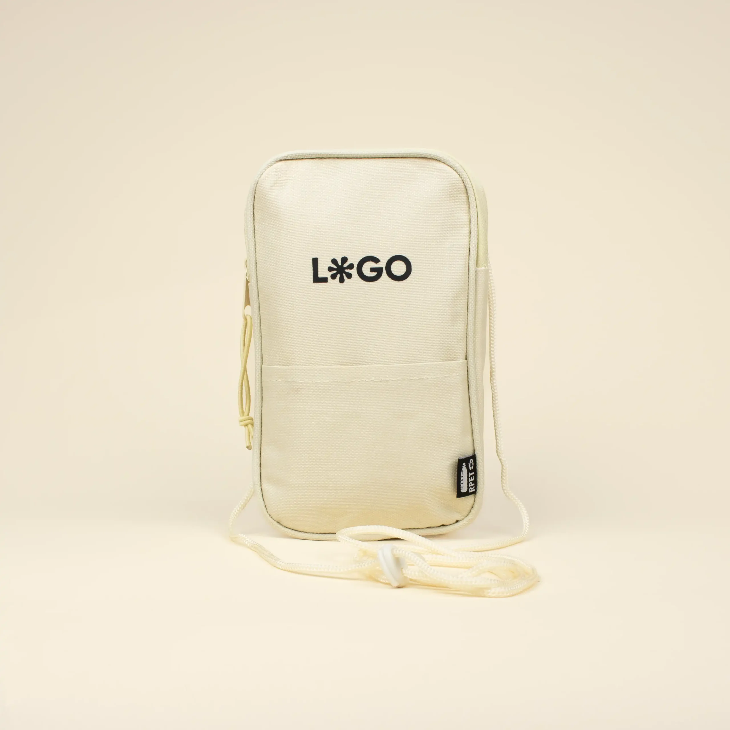 Riñonera portamóvil personalizada beige logo frontal