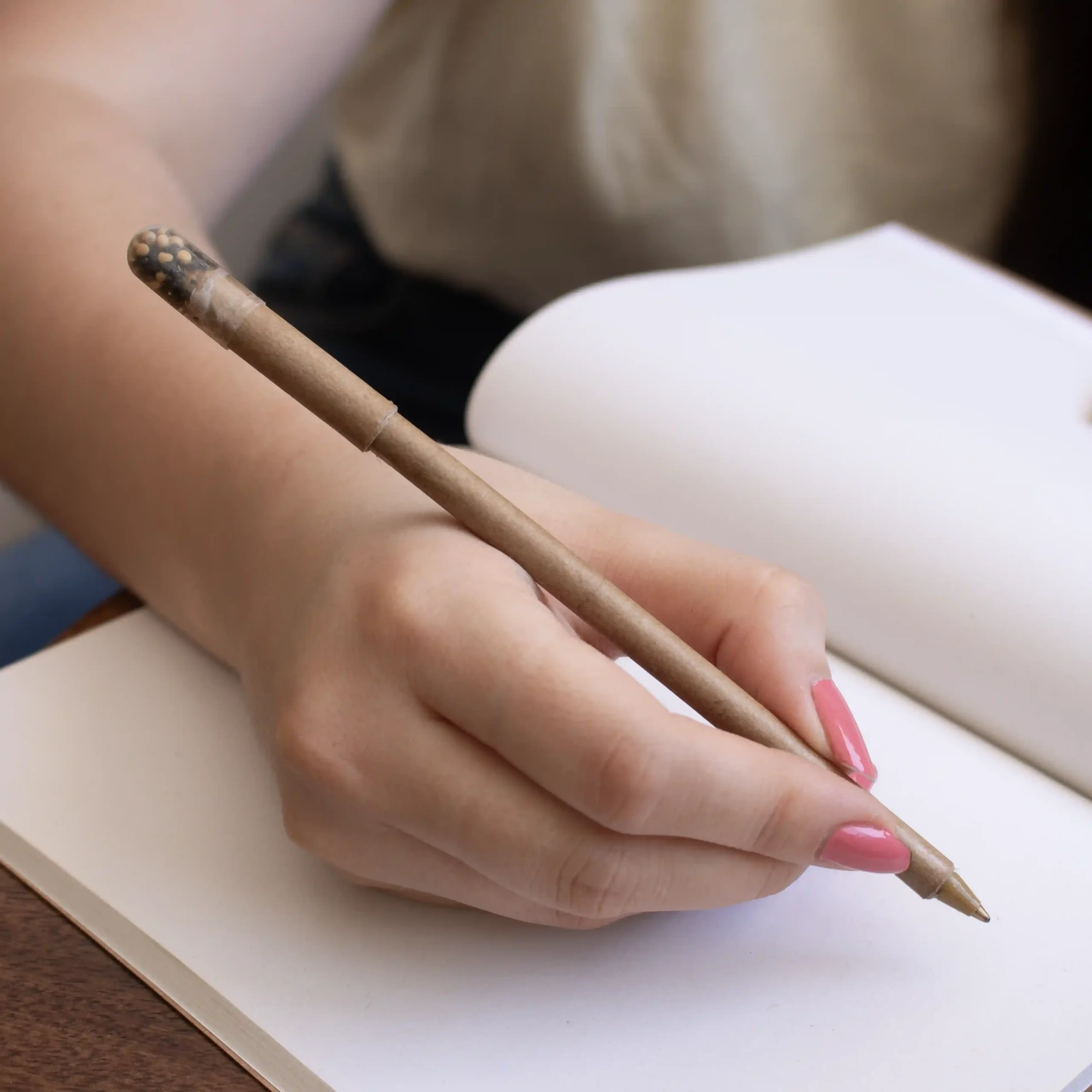 Un stylo brun plantable, contenant des graines, est utilisé pour écrire dans un carnet