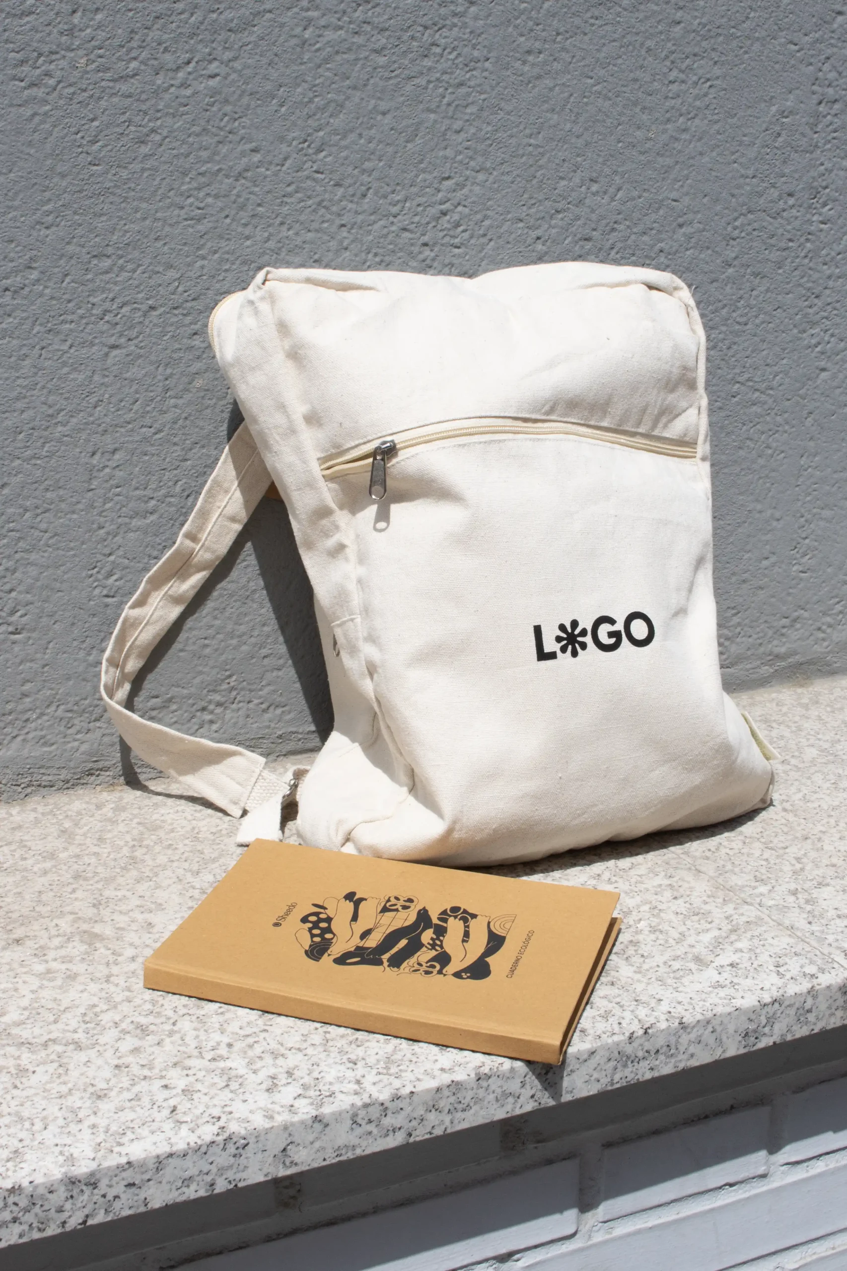 Organic cotton backpack FLUFFY + KIKO Personalised beige cotton backpack with black logo and kraft notebook