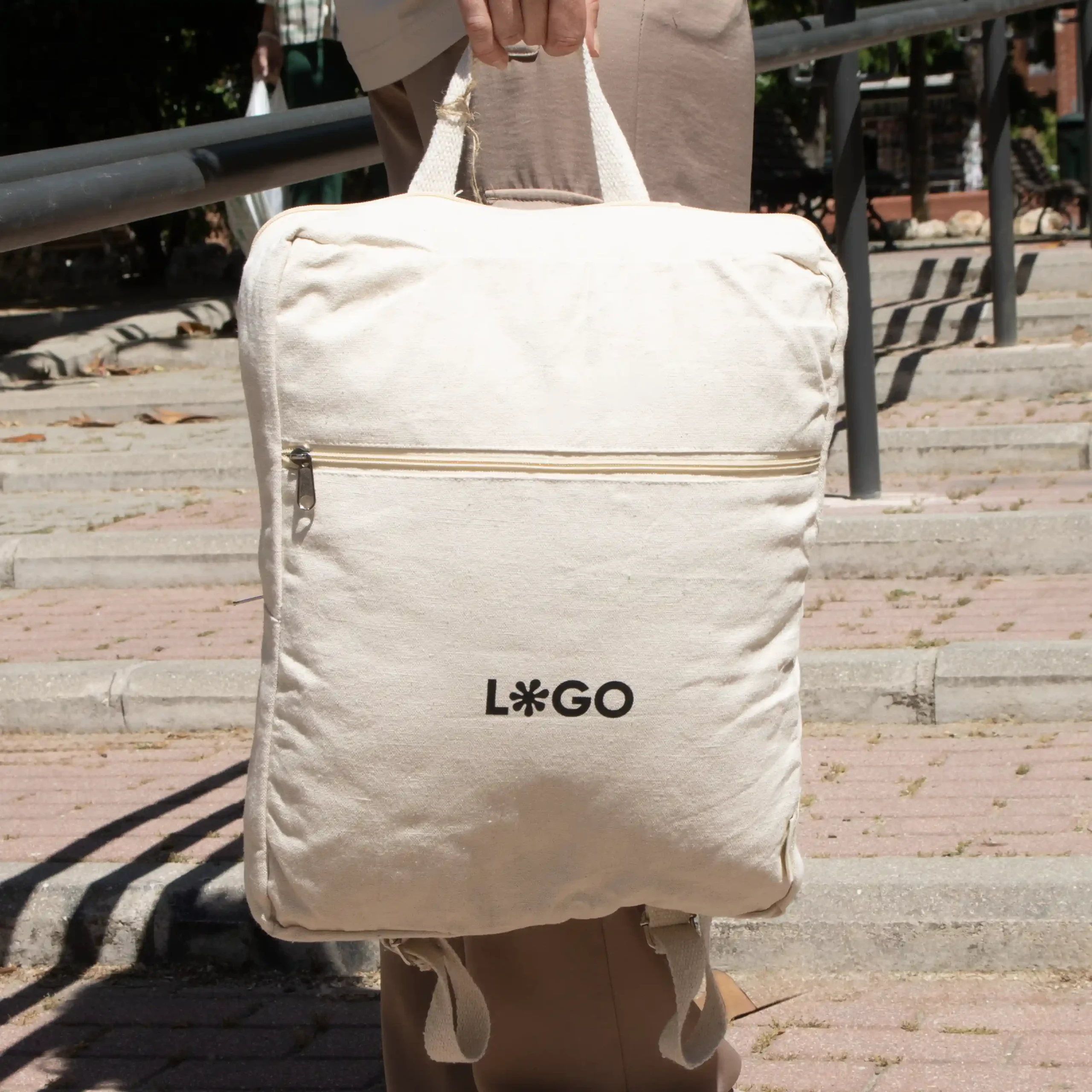 Organic cotton backpack FLUFFY Beige personalised cotton backpack with black logo