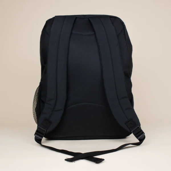 Mochila corporativa personalizada negra trasera fondo beige