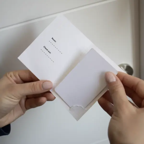 Mano delante de una puerta de hotel mostrando un porta llaves de hotel en papel ecológico blanco abierto con una tarjeta blanca dentro