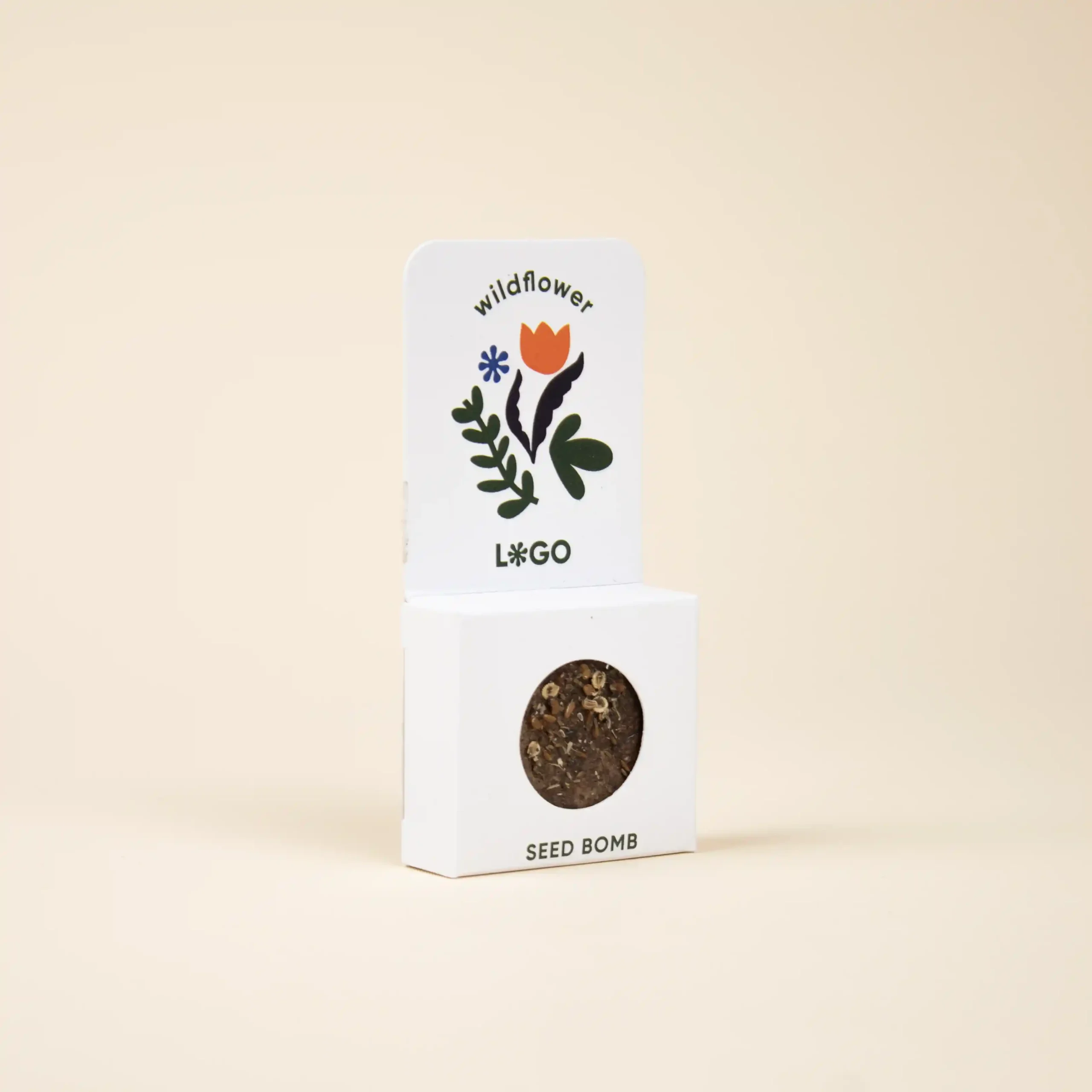 Bomba de semillas dentro de un packaging de cartón blanco personalizado