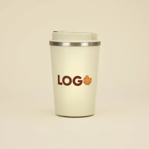Taza take away beige personalizada con la palabra logo en marrón