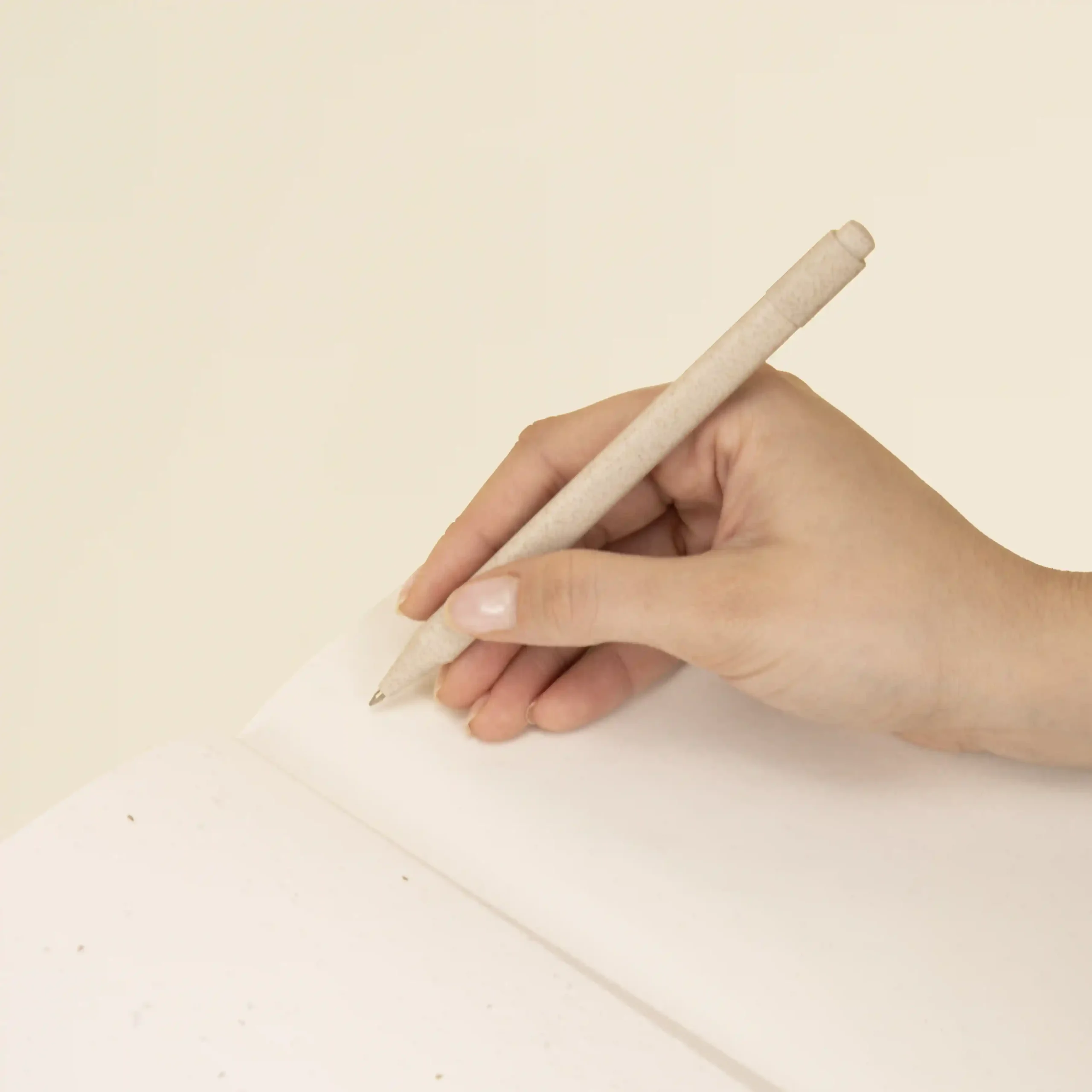 Cuaderno plantable SHOKO 1/0 Mano sujetando un bolígrafo beige escribiendo sobre las páginas interiores de un cuaderno
