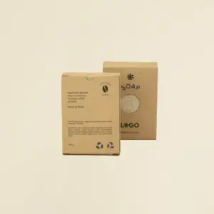 dos jabones artesanales dentro de cajas kraft marrones personalizadas