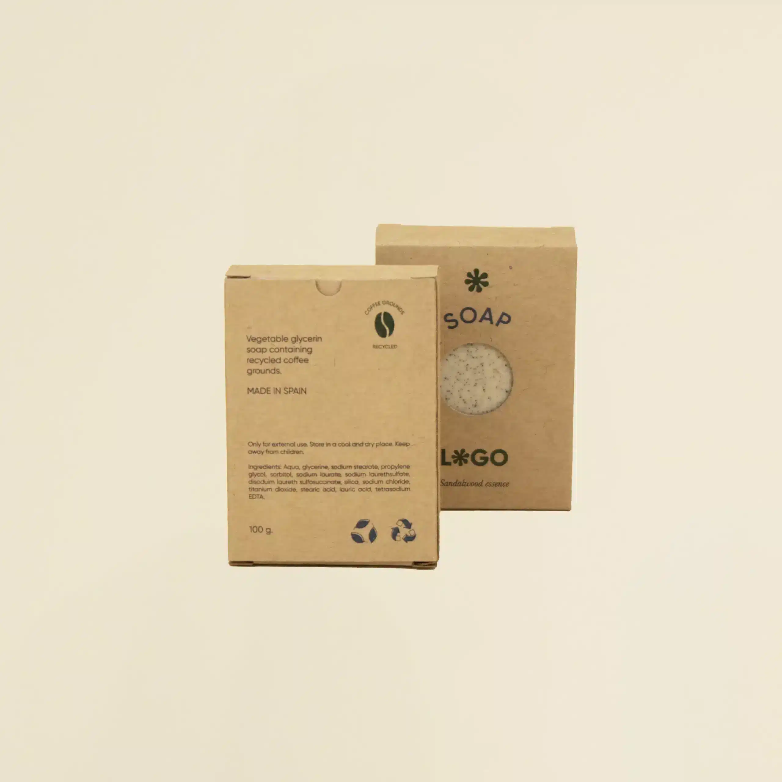 Jabón artesanal personalizado MILO KRAFT dos jabones artesanales dentro de cajas kraft marrones personalizadas