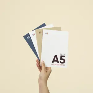 Una mano sujetando cuatro dípticos A5 impresos en papel ecológico