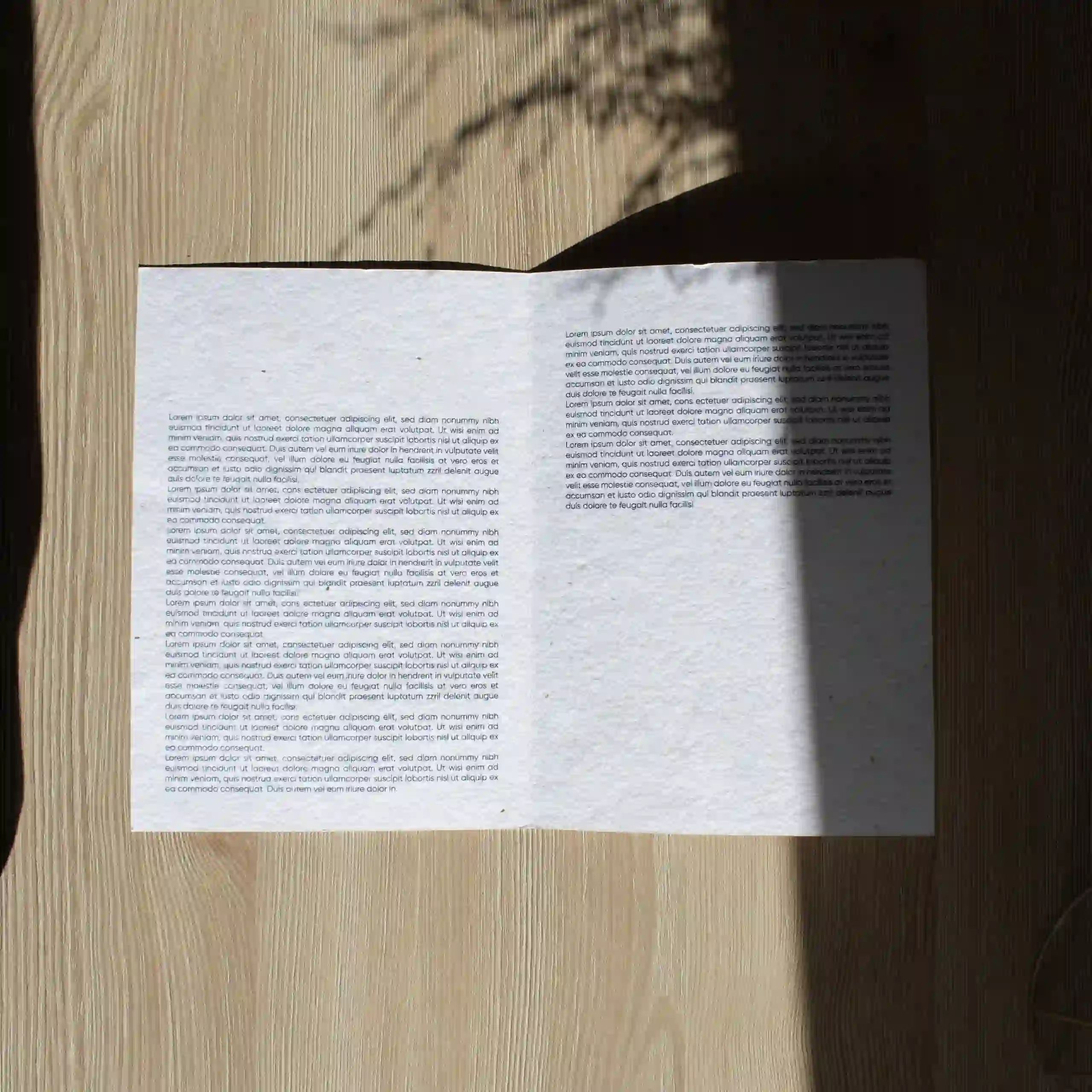 A5 seed paper diptych Díptico A5 abierto impreso en papel plantable sobre una superficie con sombras