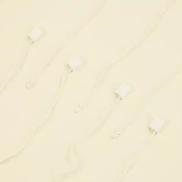 7 marchamos biodegradables blancos colocados sobre una superficie beige