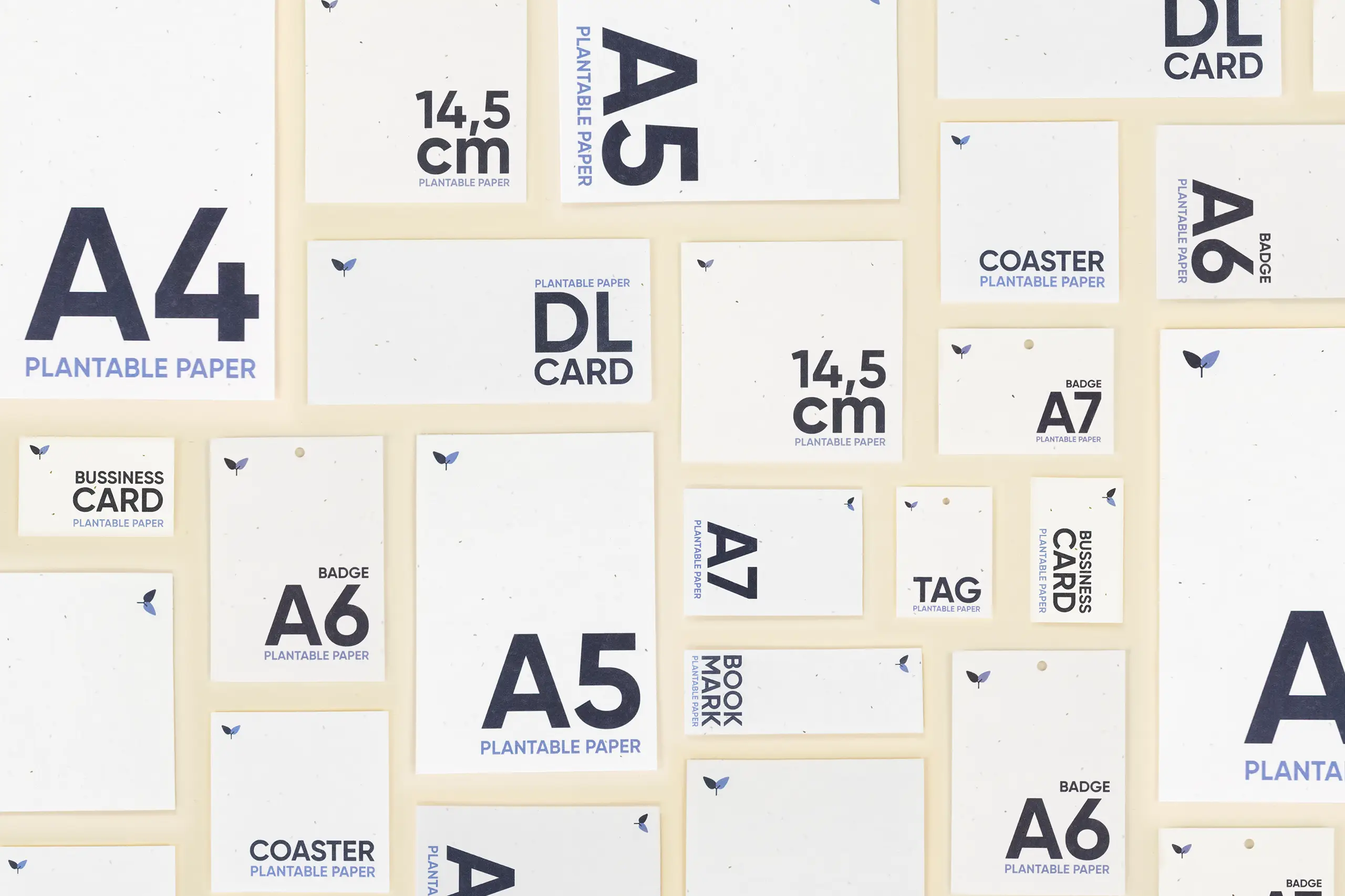 Seed paper sizes Composición de diferentes tamaños de tarjetas de papel plantable impresas