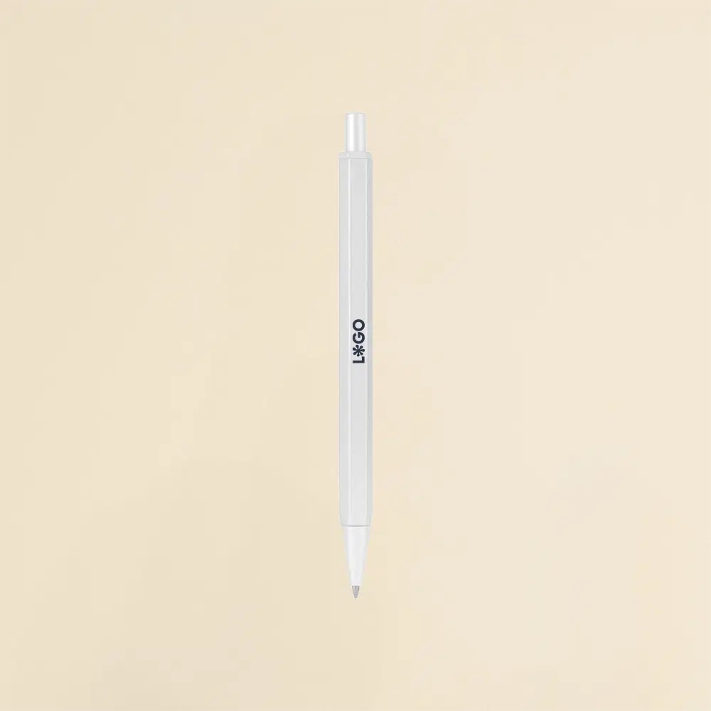 Bolígrafo de aluminio blanco sobre un fondo beige