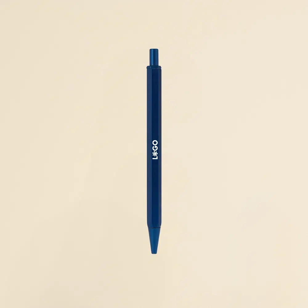 Bolígrafo de aluminio azul sobre un fondo beige