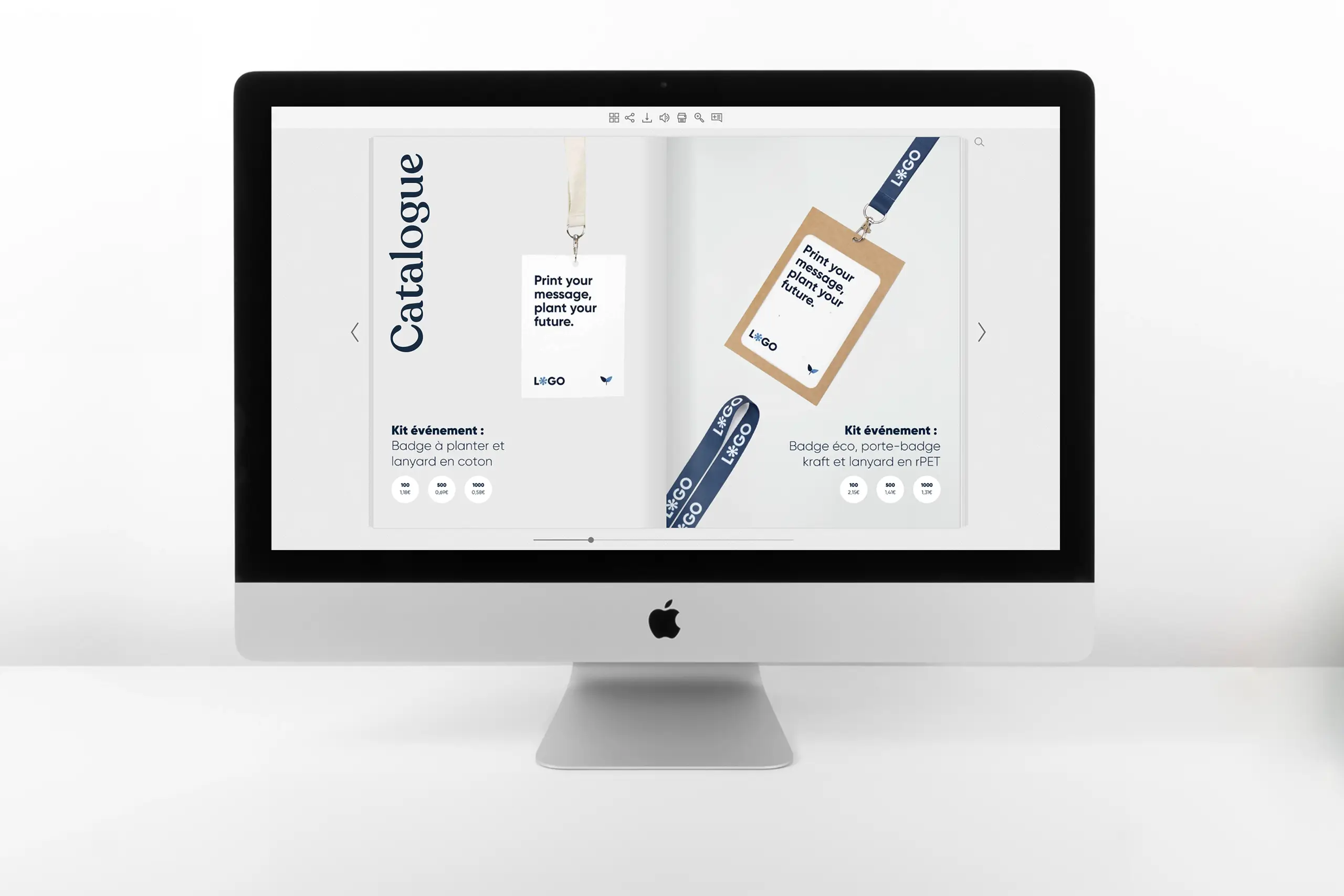 Écran d'ordinateur iMac, présentant un catalogue de produits