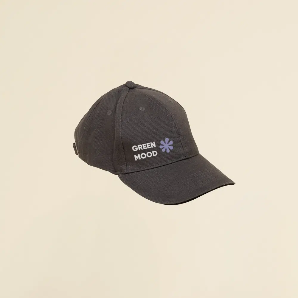 Gorra gris con logo lateral en un fondo beige