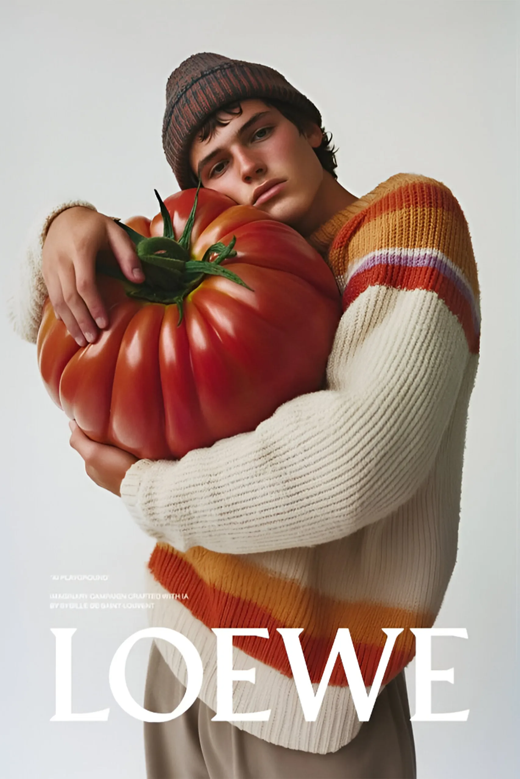 Chico LOEWE Modelo abrazando un tomate grande para una campaña de LOEWE