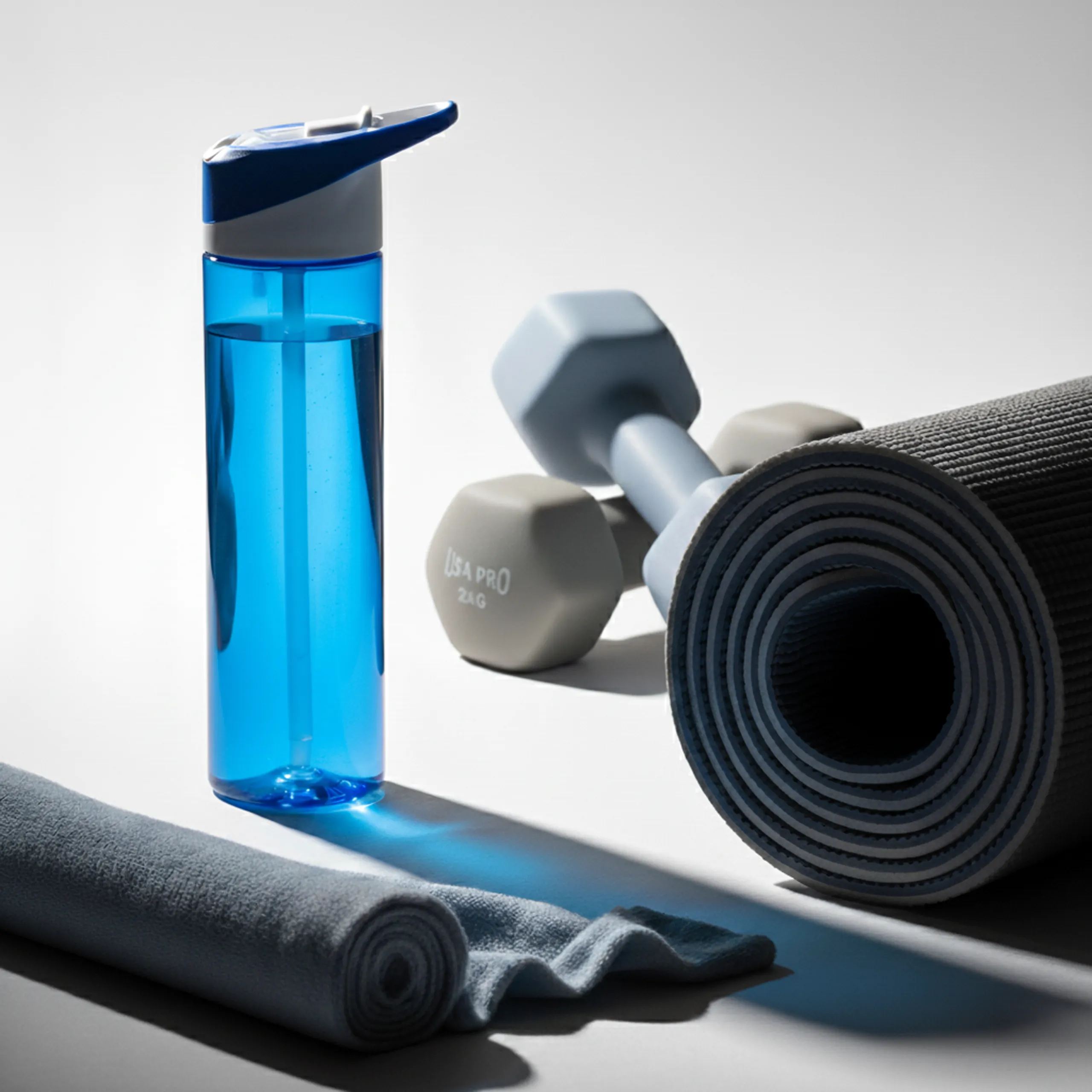 Botella de gimnasio personalizada LEMOS Botella de gimnasio azul junto con material deportivo