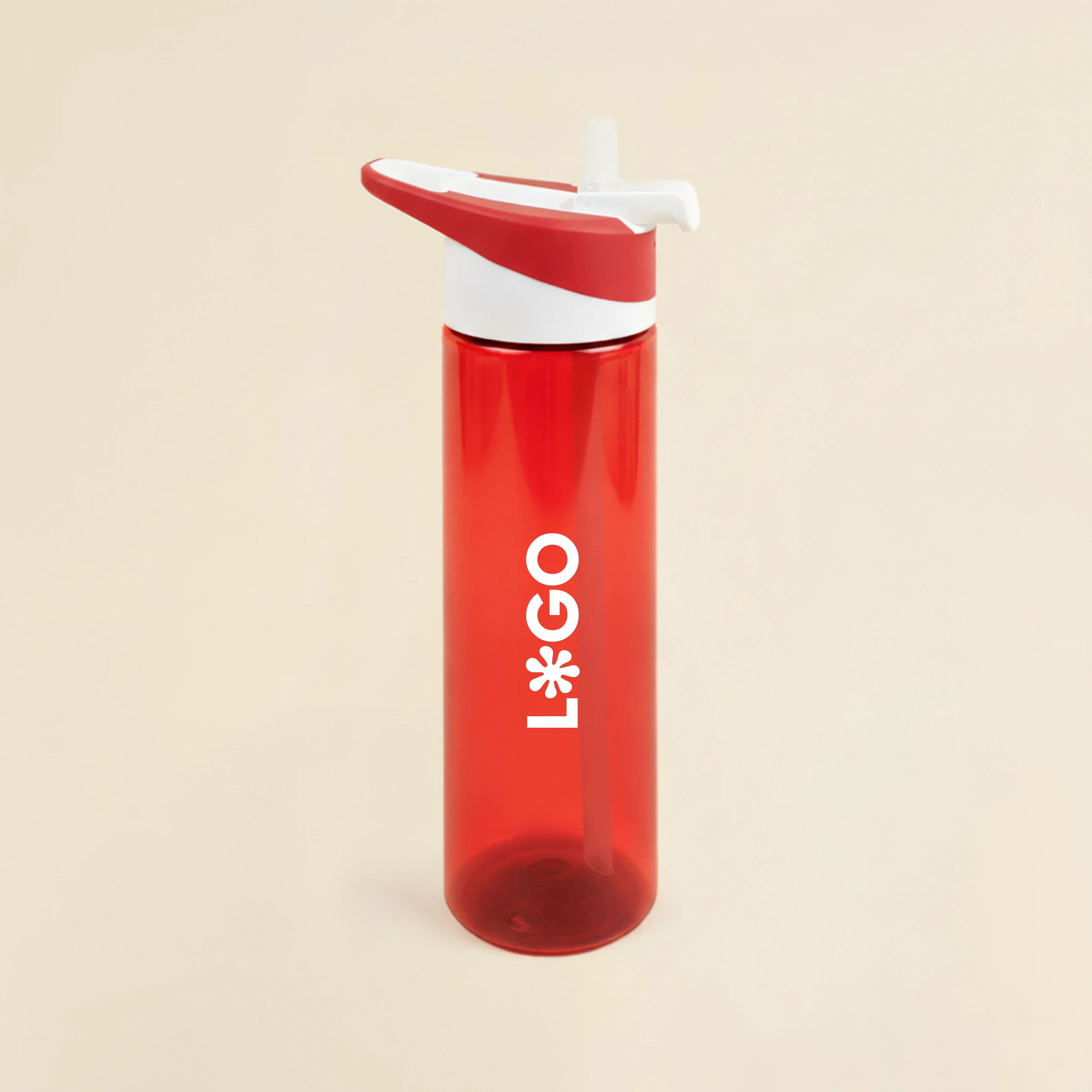 Botella de gimnasio roja en rpet personalizada sobre fondo beige