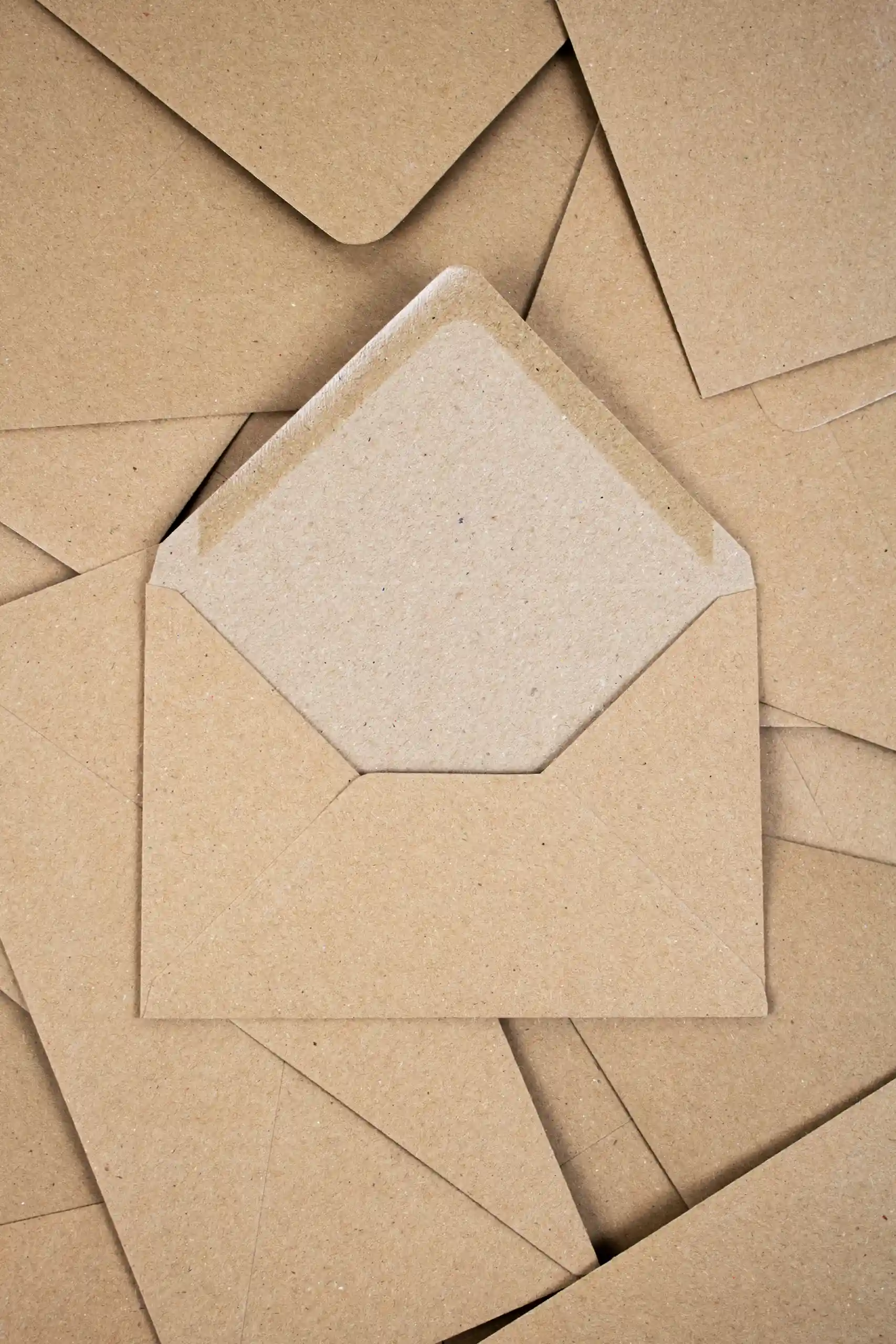 Trasera de un sobre kraft abierto colocado encima de otros sobres kraft