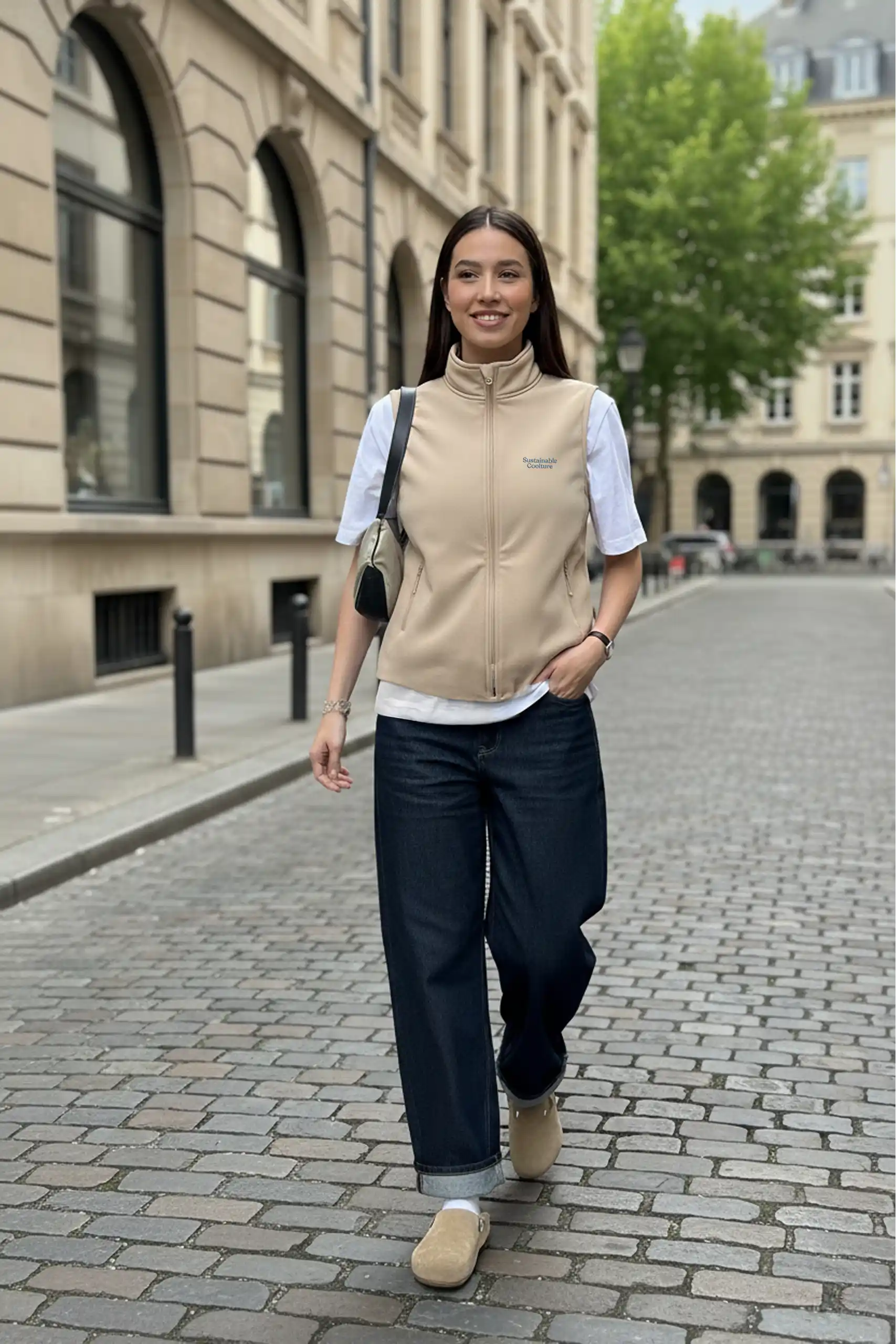 Chica con Chaleco polar personalizado beige con cremallera por la calle