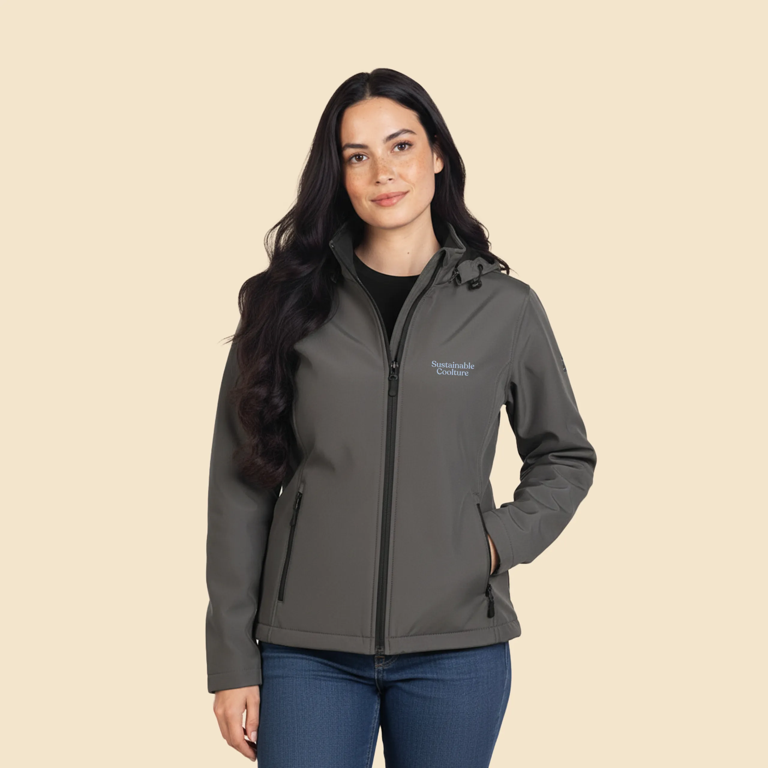 Custom softshell jacket NEVA Chica con chaqueta personalizada gris con capucha