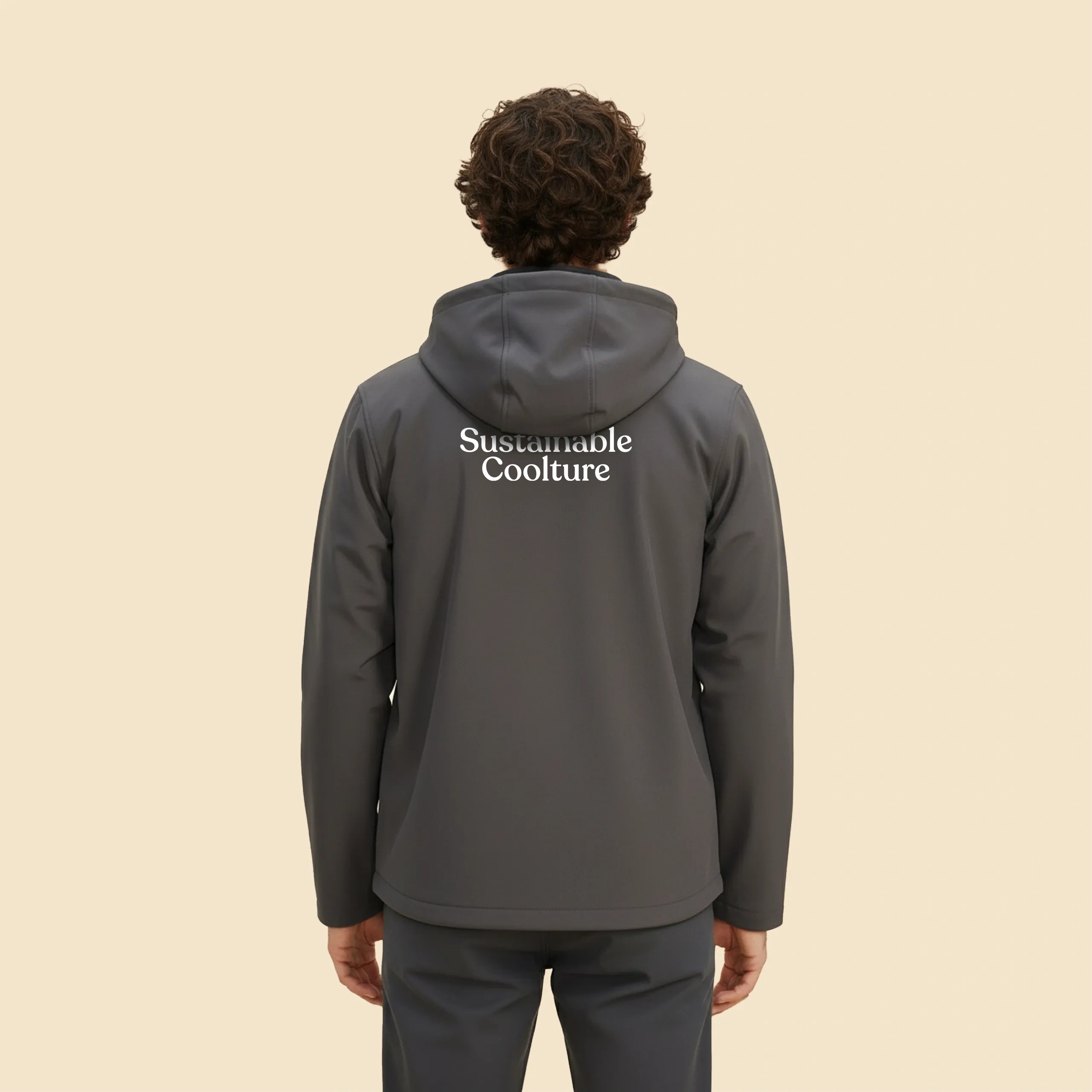 Chico de espaldas con chaqueta personalizada gris con capucha