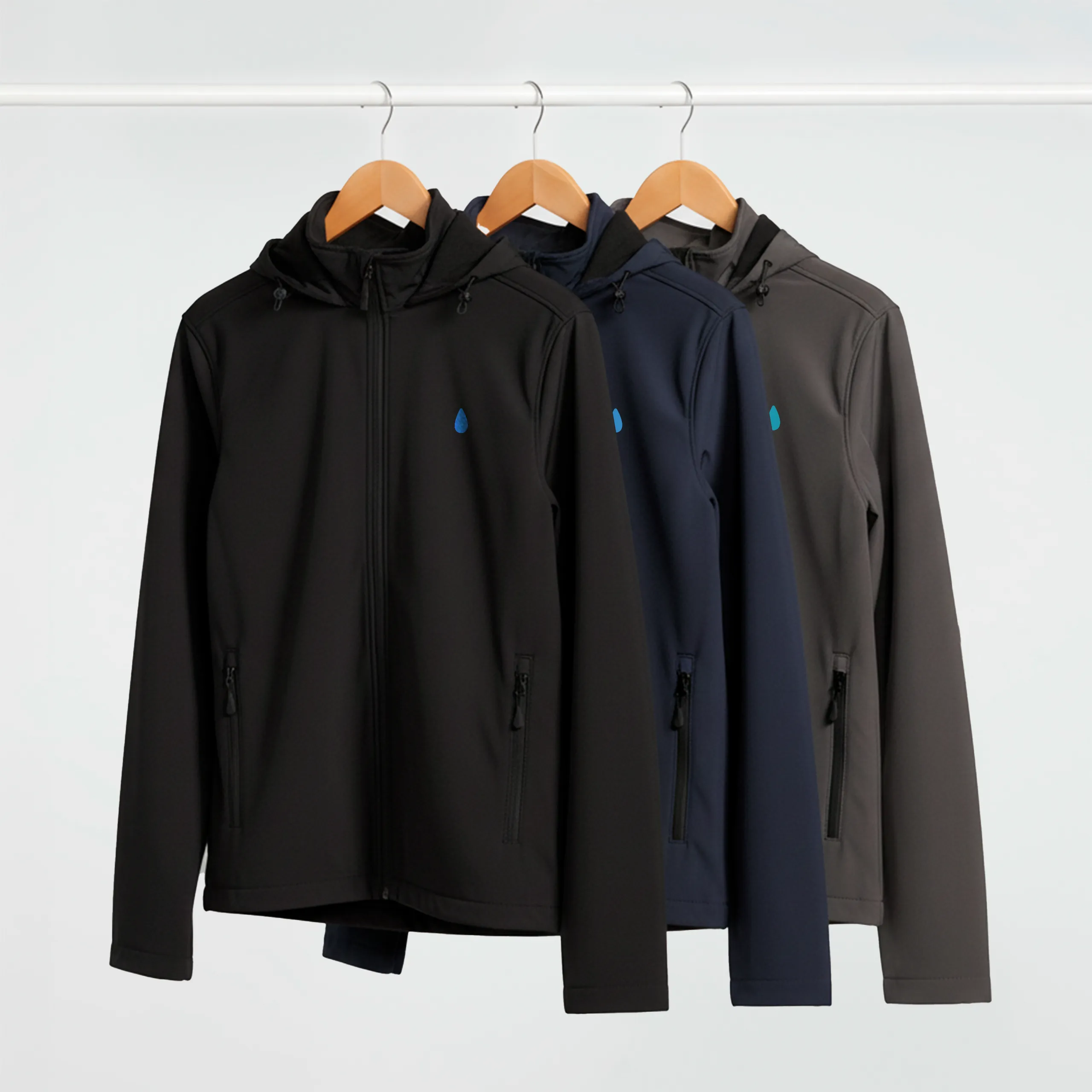Tres chaquetas personalizadas con capucha de tres colores colgadas sobre perchas