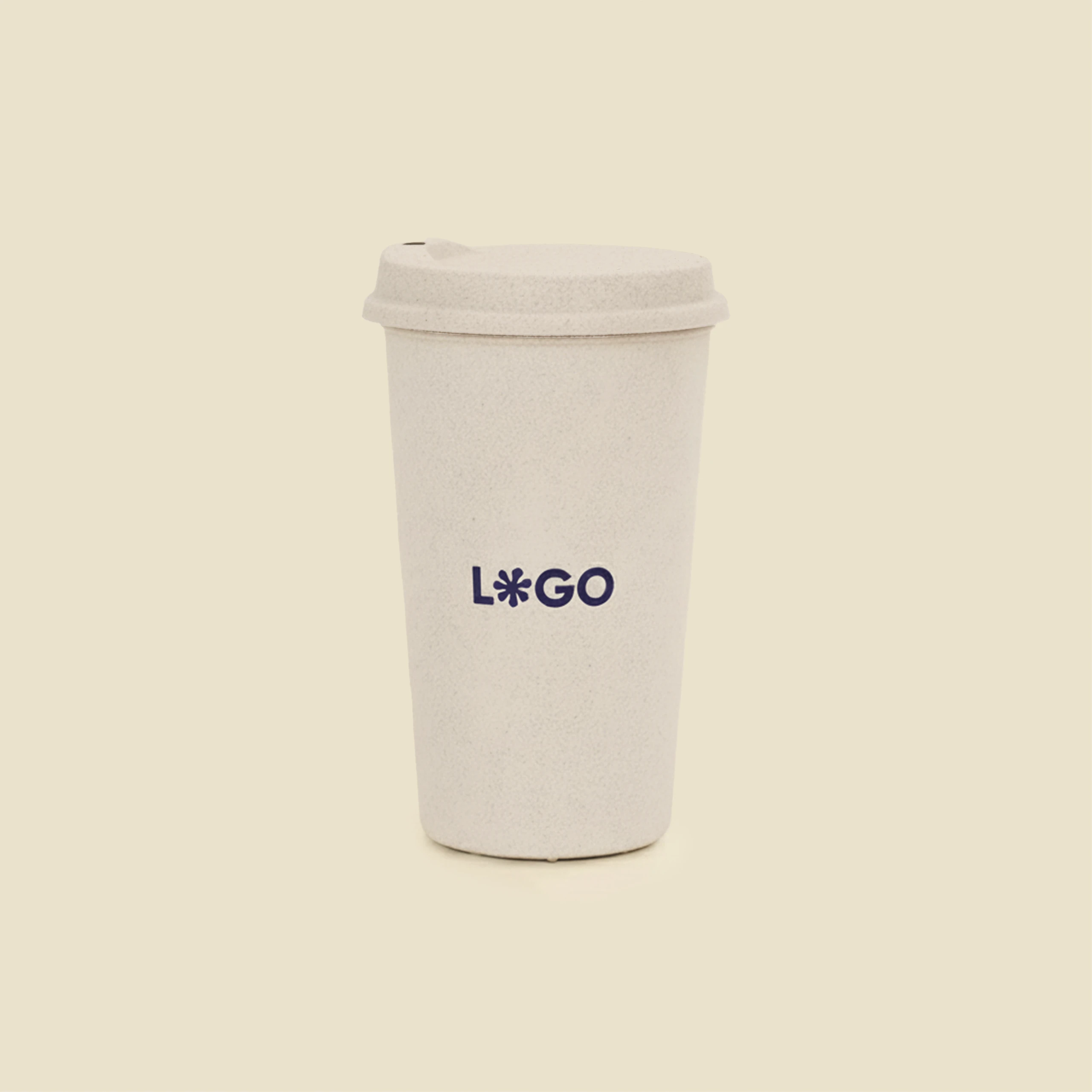 Vaso take away RIZO PLUS Vaso take away con tapa, personalizado con la palabra LOGO en azul