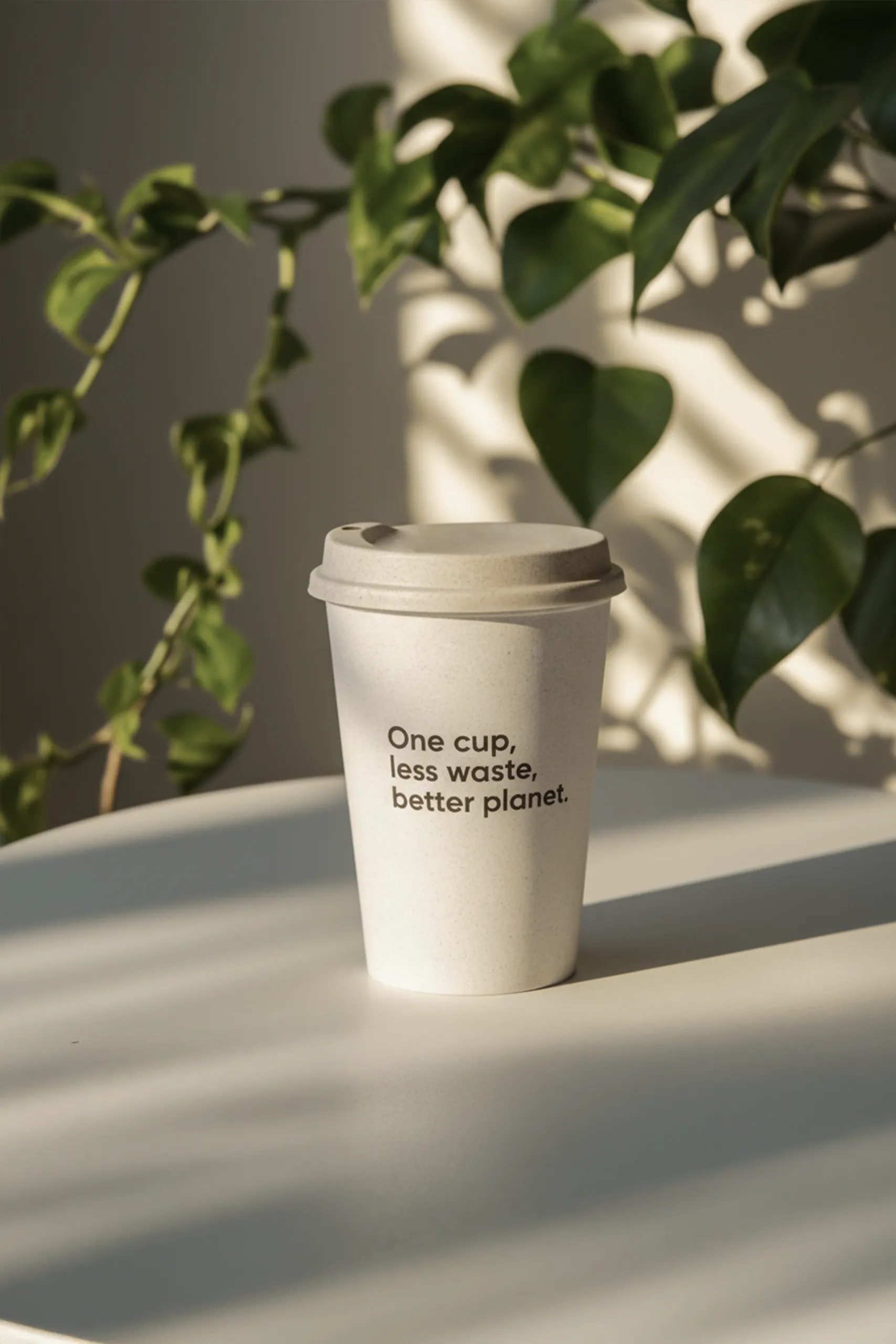 Vaso reutilizable take away con tapa personalizado apoyado en una mesa con una planta detrás