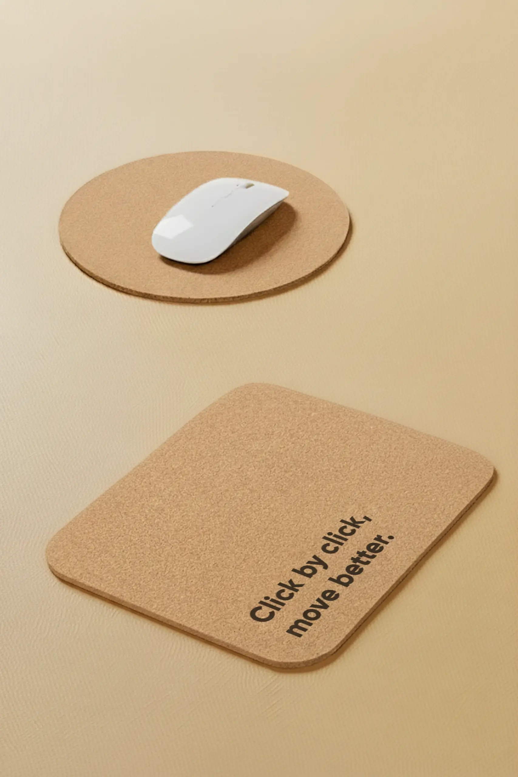 2 alfombrillas de ordenador rectangular y circular de corcho, personalizadas junto a un ratón de ordenador blanco