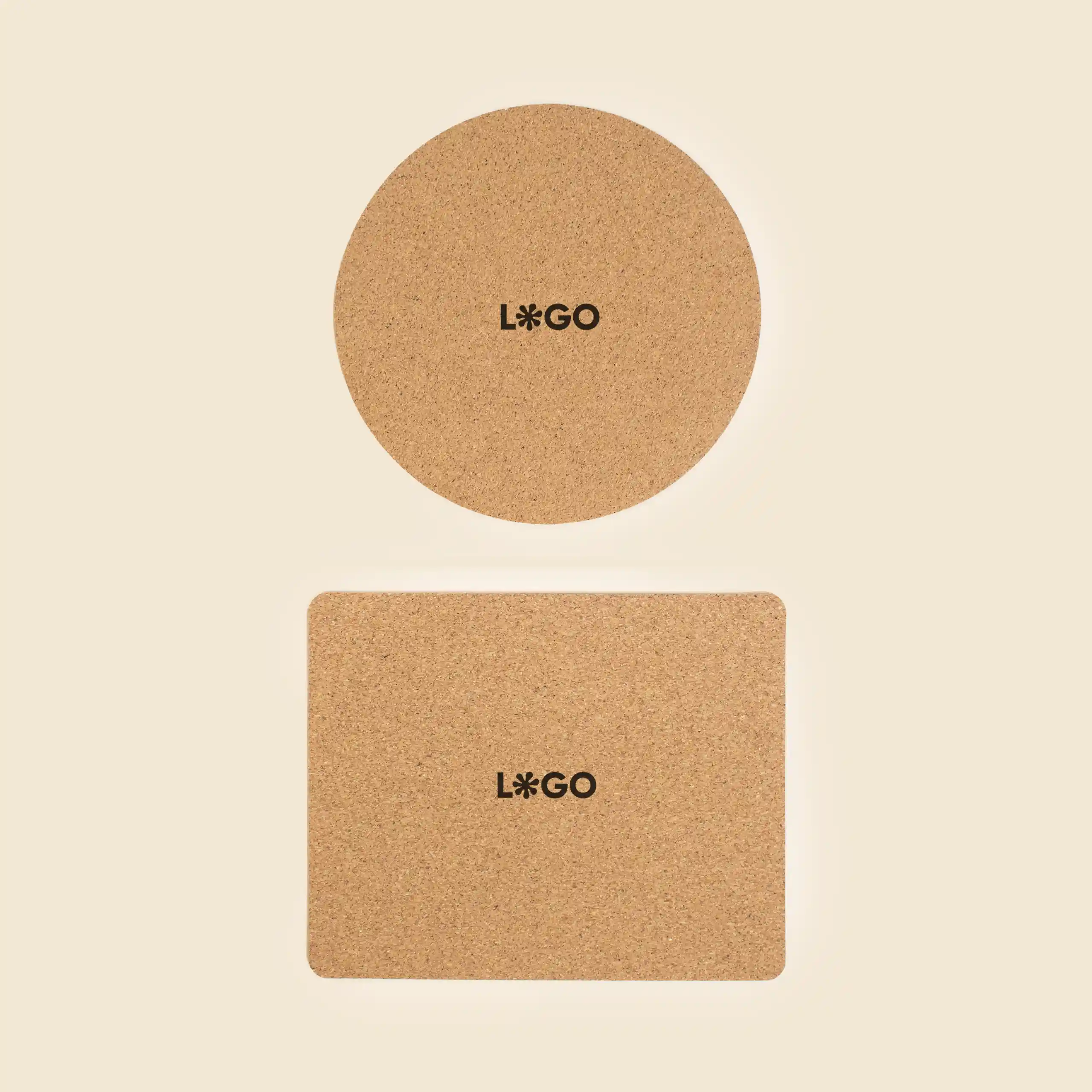 Alfombrilla de corcho personalizada CORA 2 alfombrillas de ordenador rectangular y circular de corcho, personalizadas con la palabra "LOGO" impresa en el centro