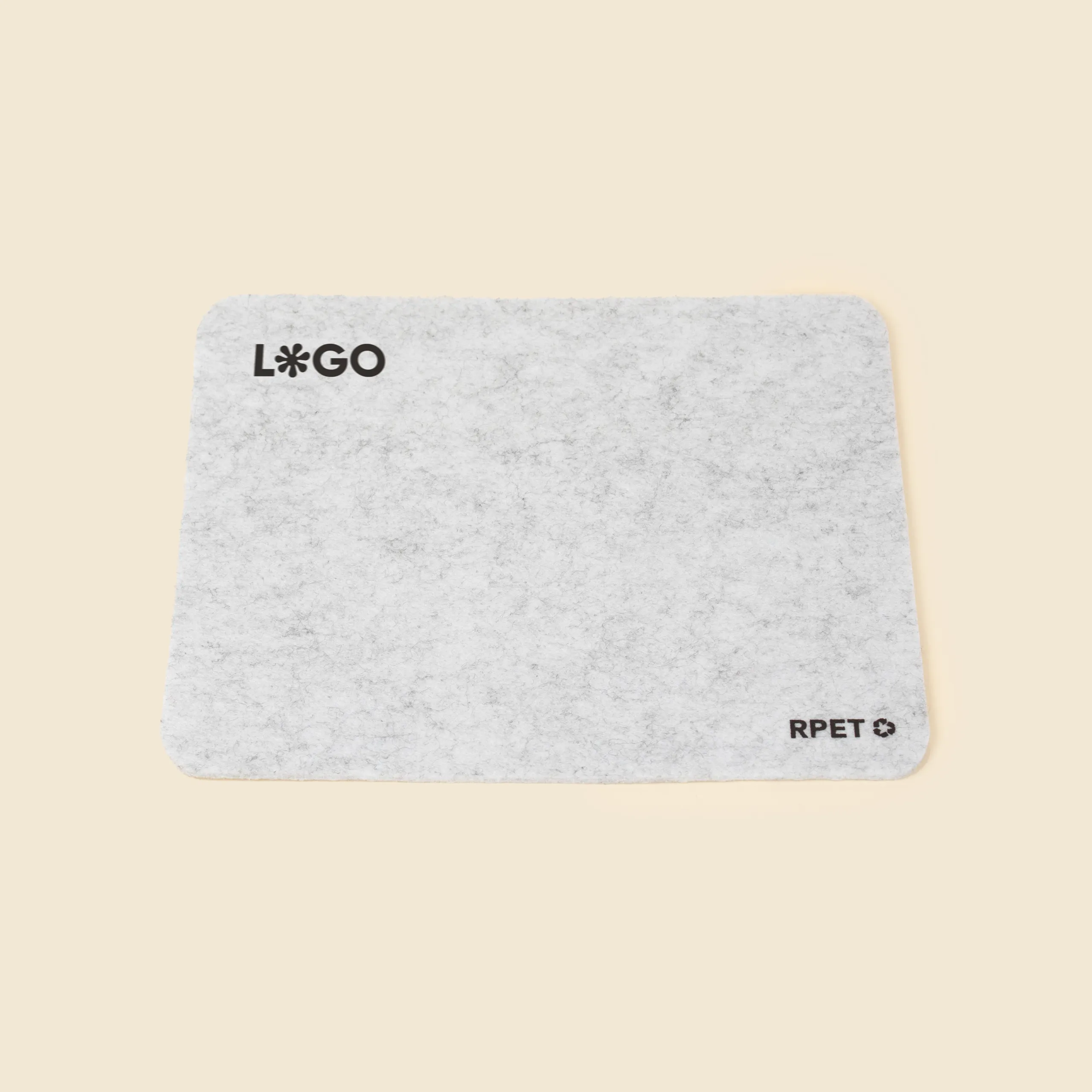 Alfombrilla de fieltro personalizada MOVA Alfombrilla de fieltro gris personalizada con la palabra "LOGO" en negro en la esquina superior izquierda