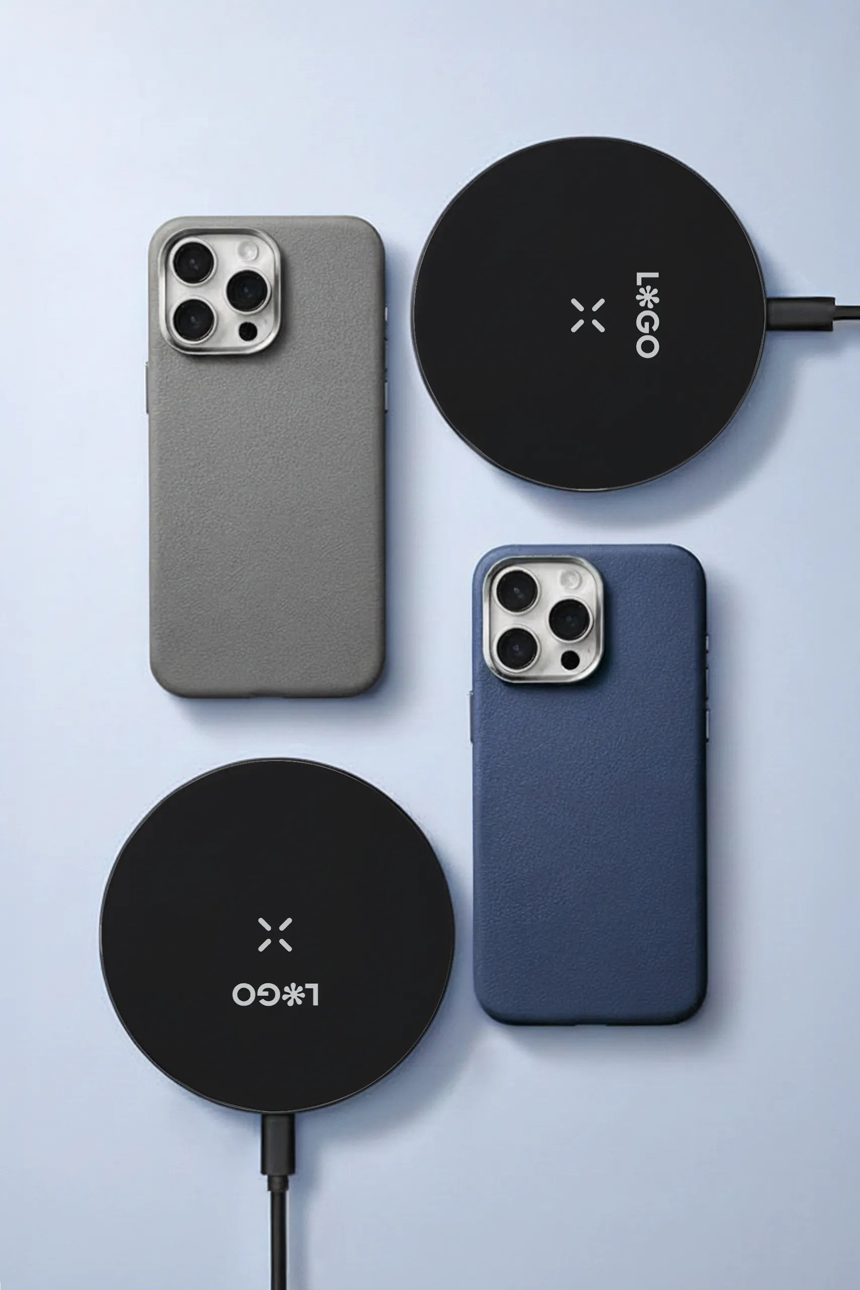 Dos cargadores inalámbricos negros personalizados con la palabra 'LOGO', junto a dos teléfonos móviles