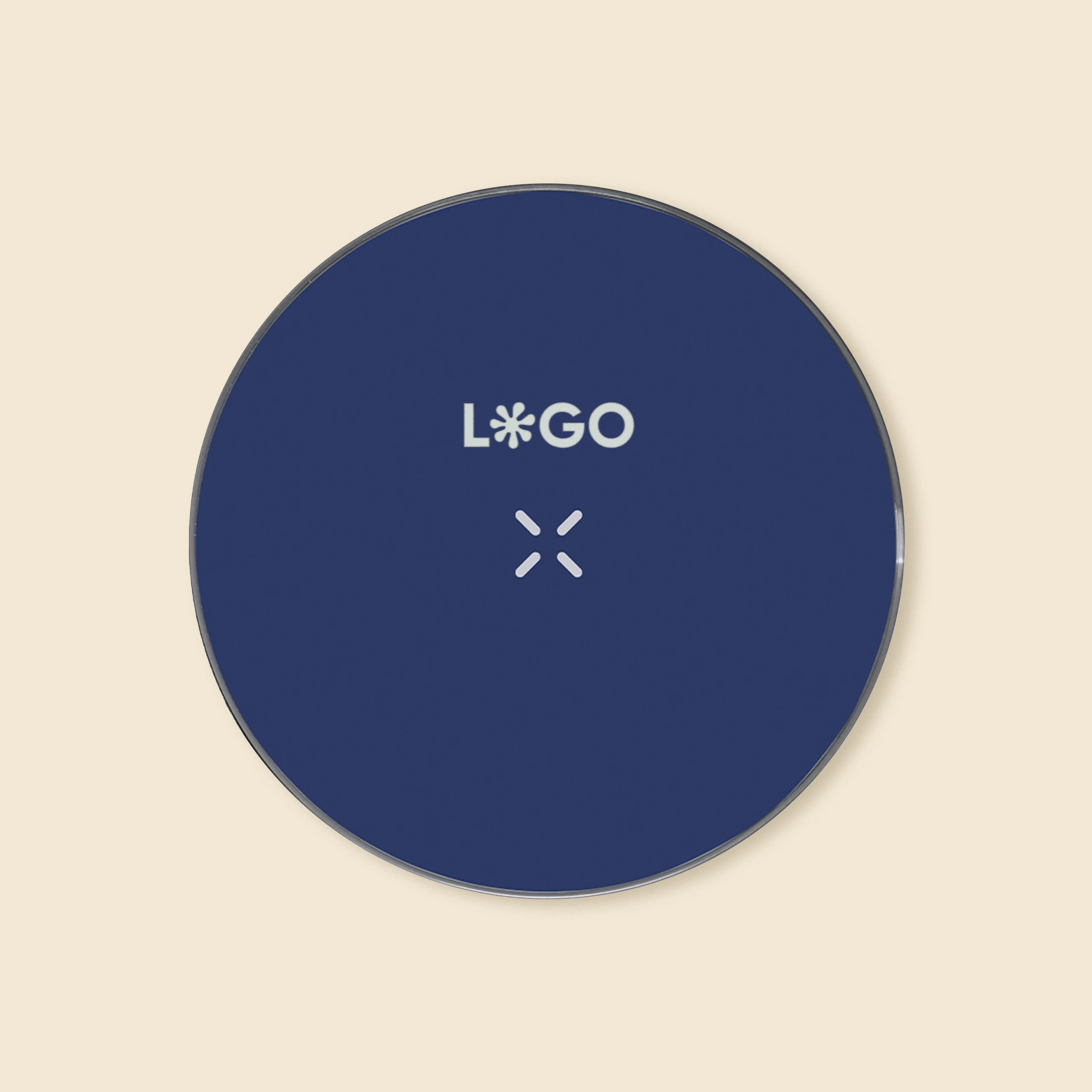 Cargador inalámbrico azul personalizado con la palabra 'LOGO'