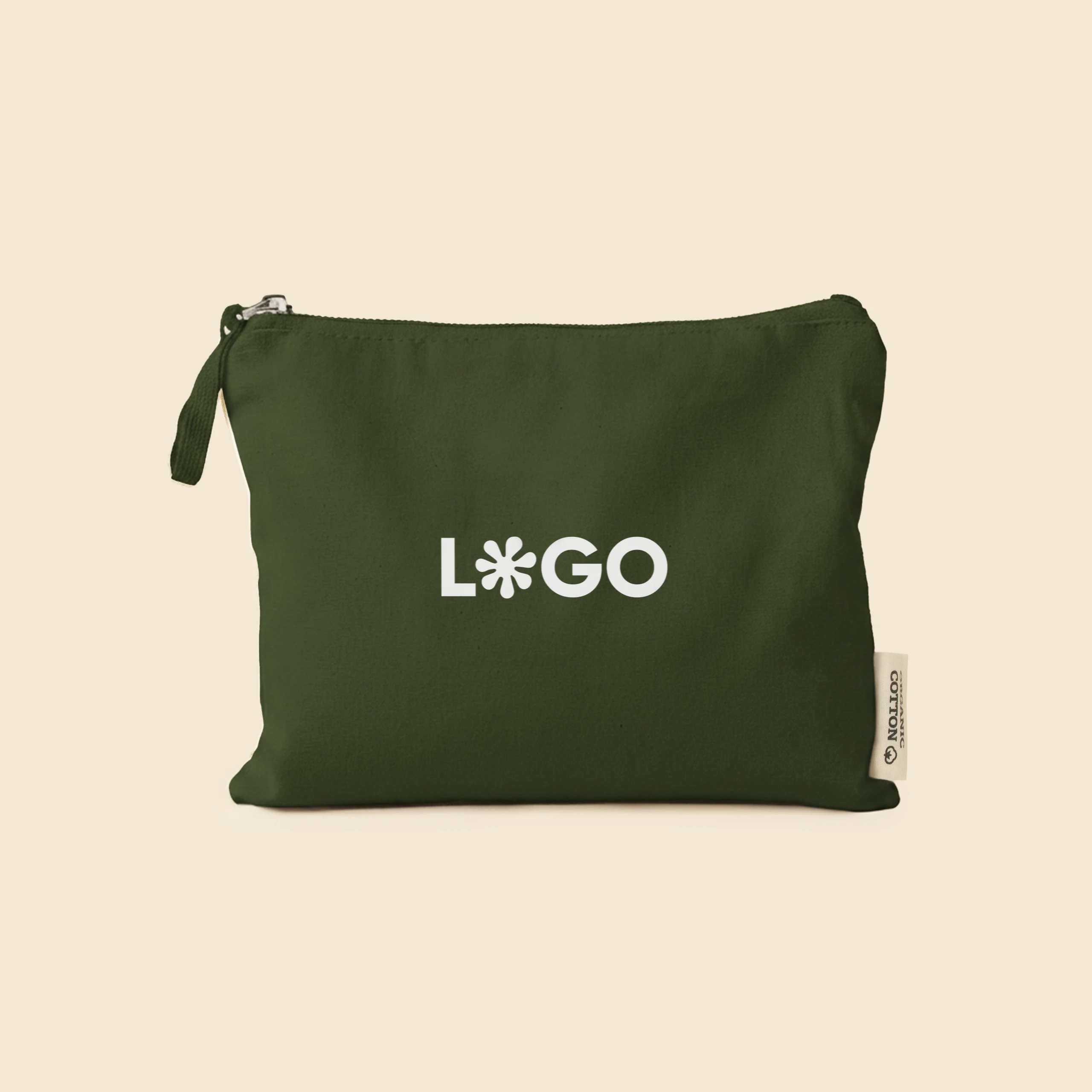 Neceser verde de algodón personalizado con la palabra "LOGO" en blanco