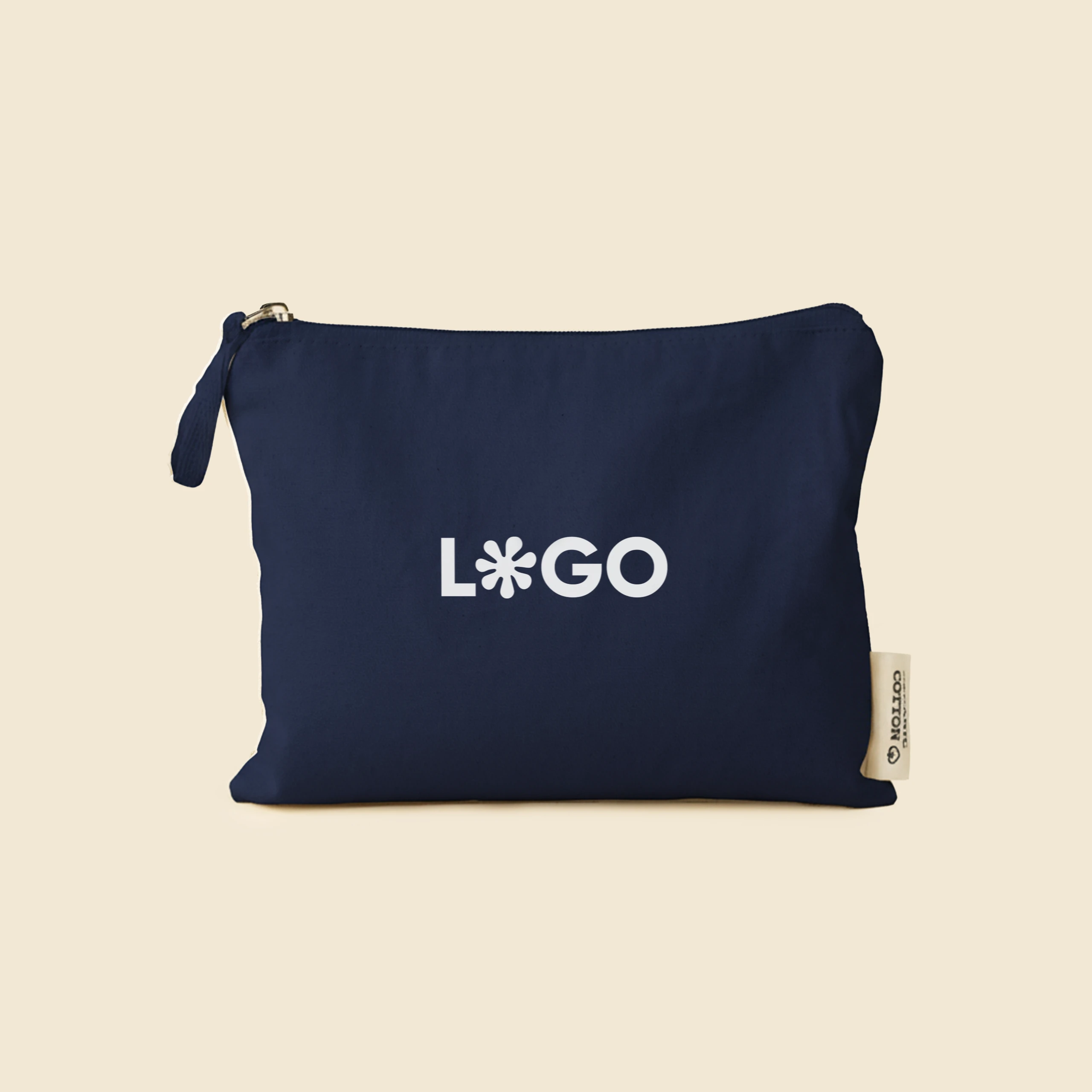 Neceser azul de algodón personalizado con la palabra "LOGO" en blanco