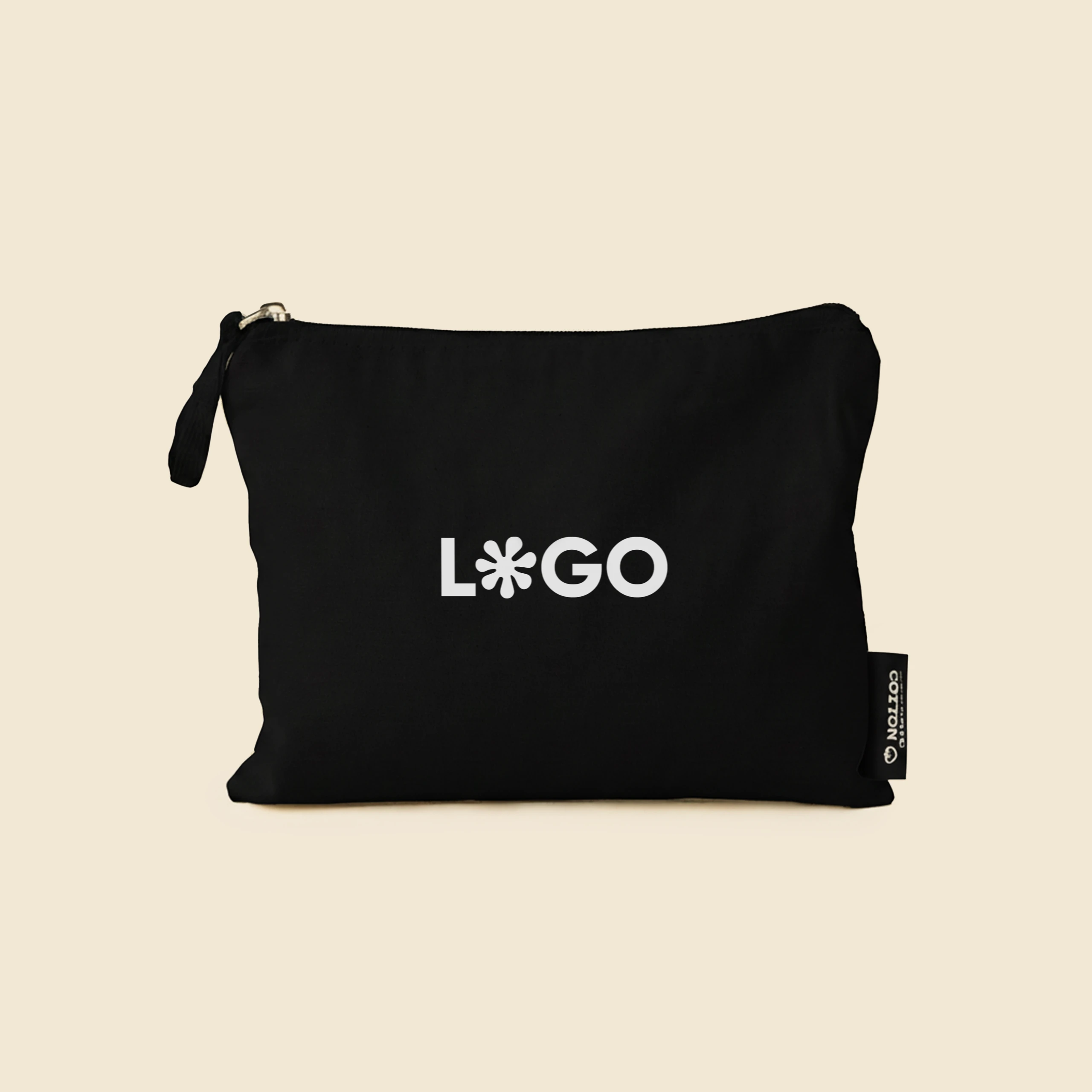 Neceser negro de algodón personalizado con la palabra "LOGO" en blanco
