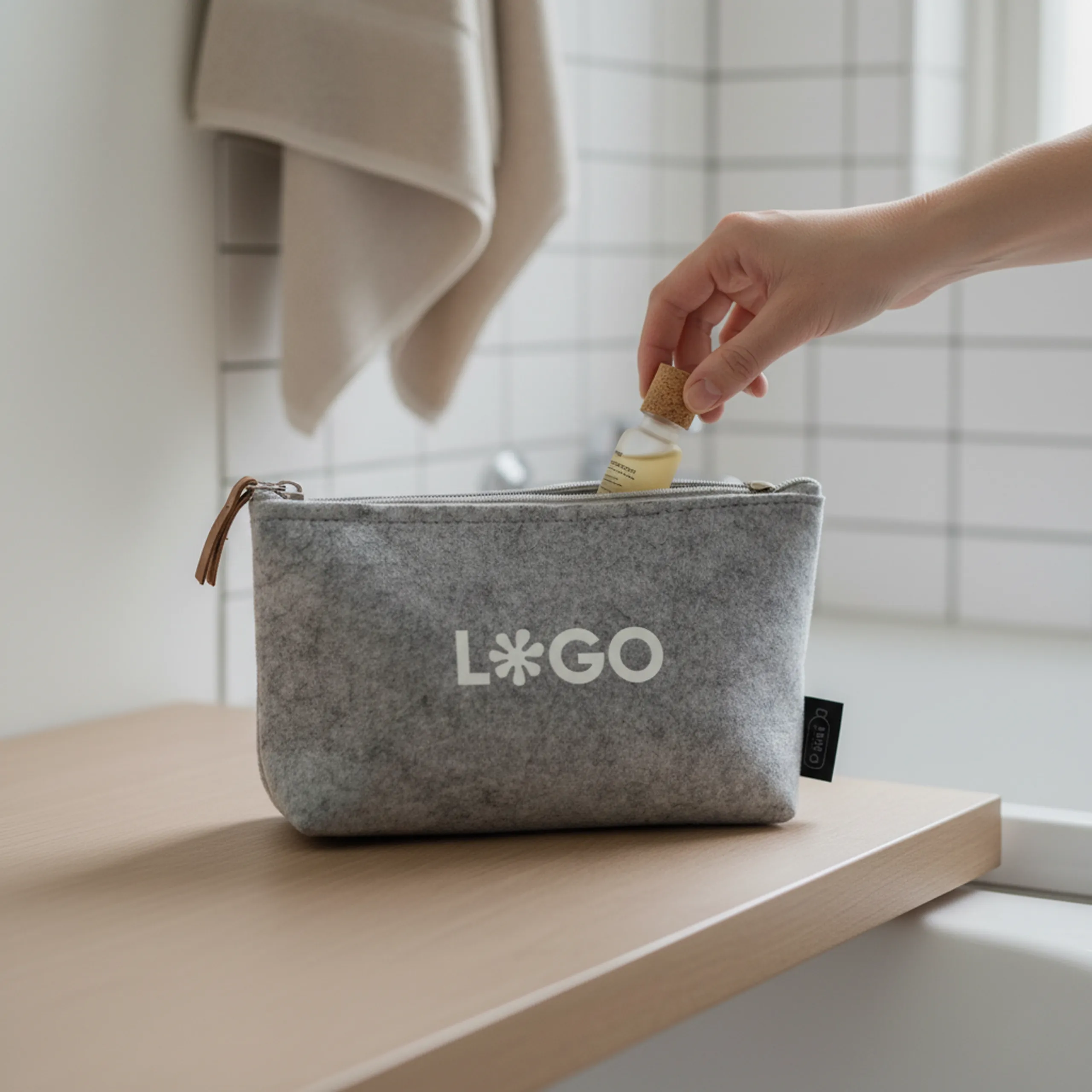 Neceser de viaje personalizado ARLO Mano metiendo un cosmético dentro de un neceser de viaje de color gris personalizado con la palabra logo en blanco sobre una superficie de madera dentro de un baño